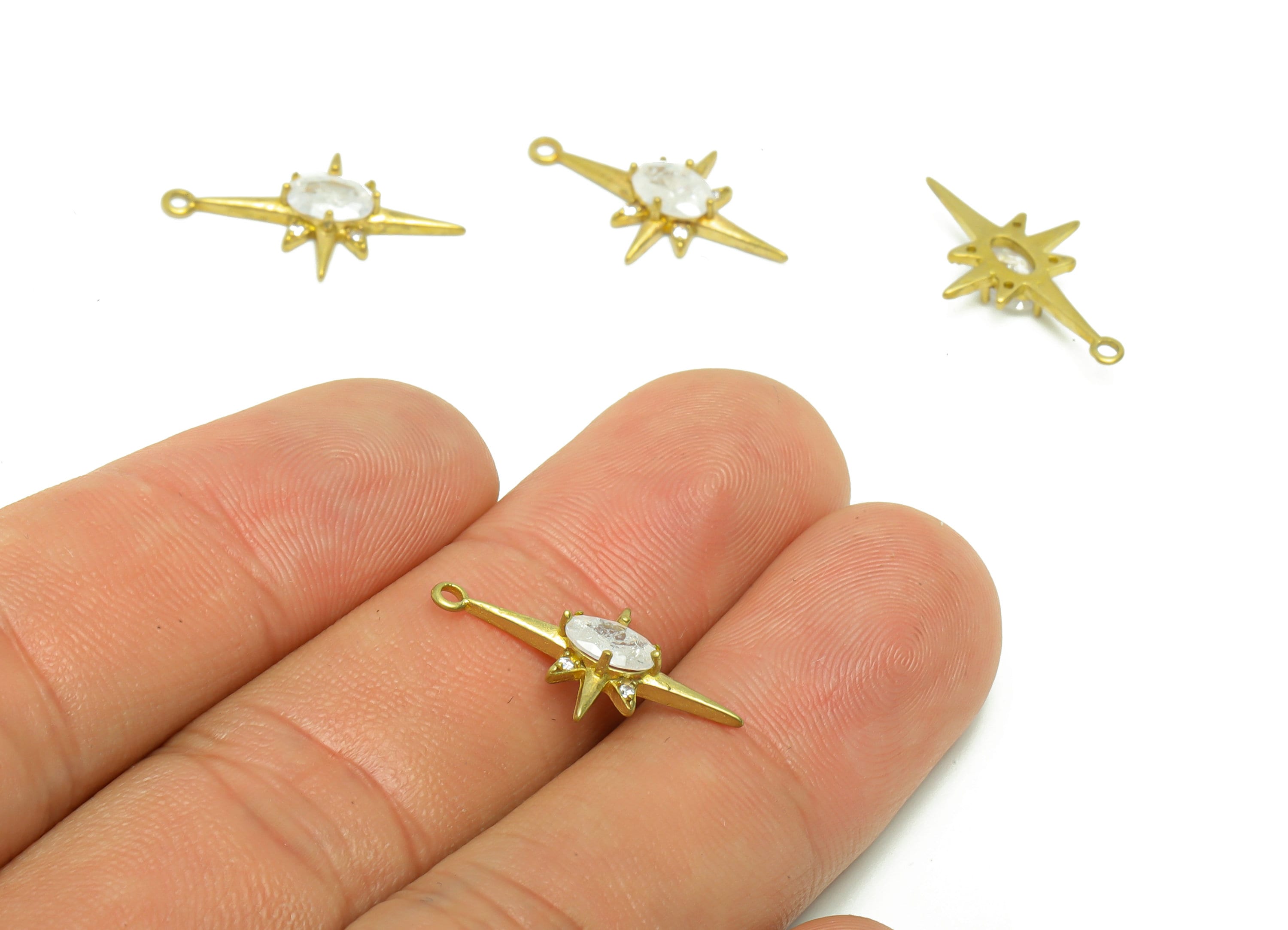 Brass Star Earring Charm - Raw Brass North Star Pendant - Cubic Zircon Oval Star Earring Charm - Oval Zircon Charm - 21.15x12x3.4mm - PP8805 - DOMEDBAZAAR