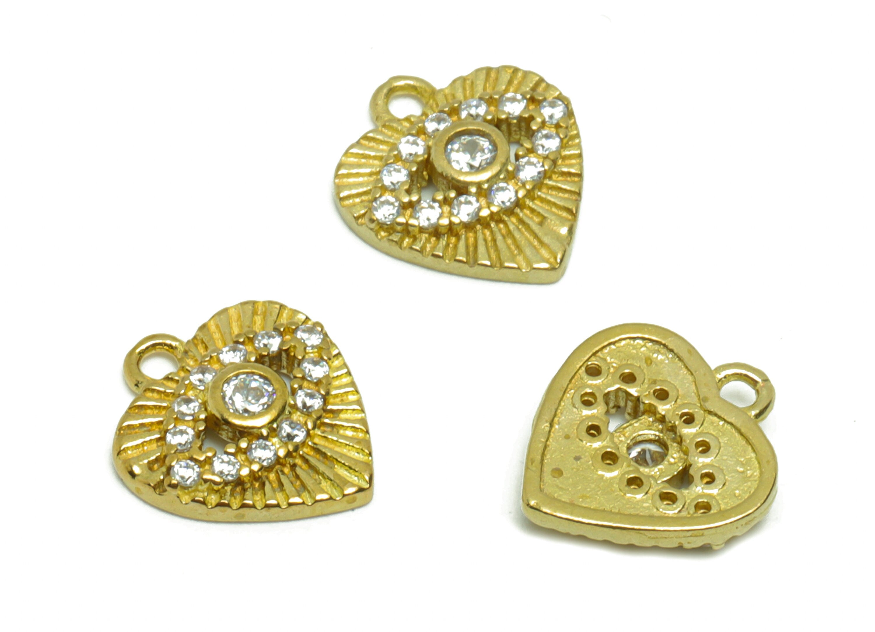 Brass Heart Earring Charm - Raw Brass Eye Pendant - Cubic Zircon Textured Heart Earring Charm - Cubic Heart Charm - 10.95x9.9x2mm - PP8823 - DOMEDBAZAAR