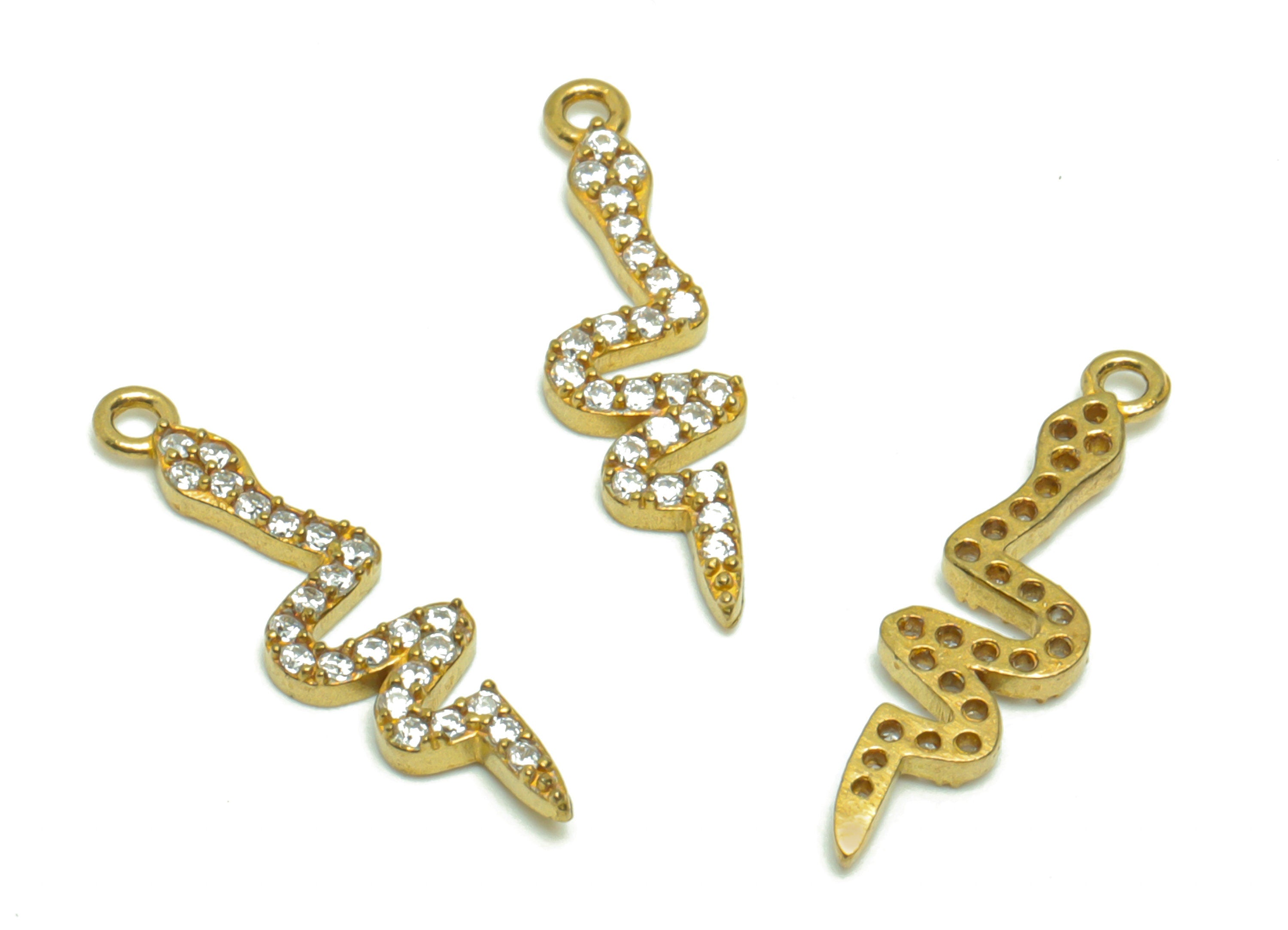 Brass Snake Earring Charm - Raw Brass Snake Pendant - Cubic Zircon Baby Snake Earring Charm - Cubic Snake Charm - 20.06x5.46x1.6mm - PP8785 - DOMEDBAZAAR