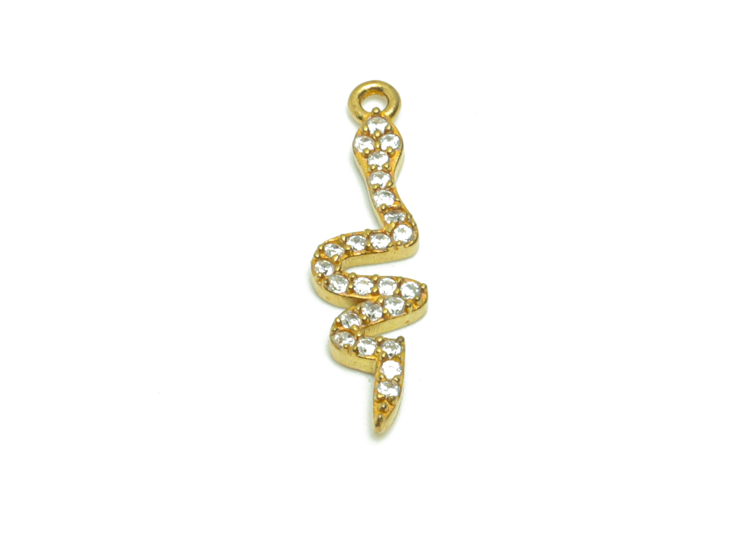 Brass Snake Earring Charm - Raw Brass Snake Pendant - Cubic Zircon Baby Snake Earring Charm - Cubic Snake Charm - 20.06x5.46x1.6mm - PP8785 - DOMEDBAZAAR