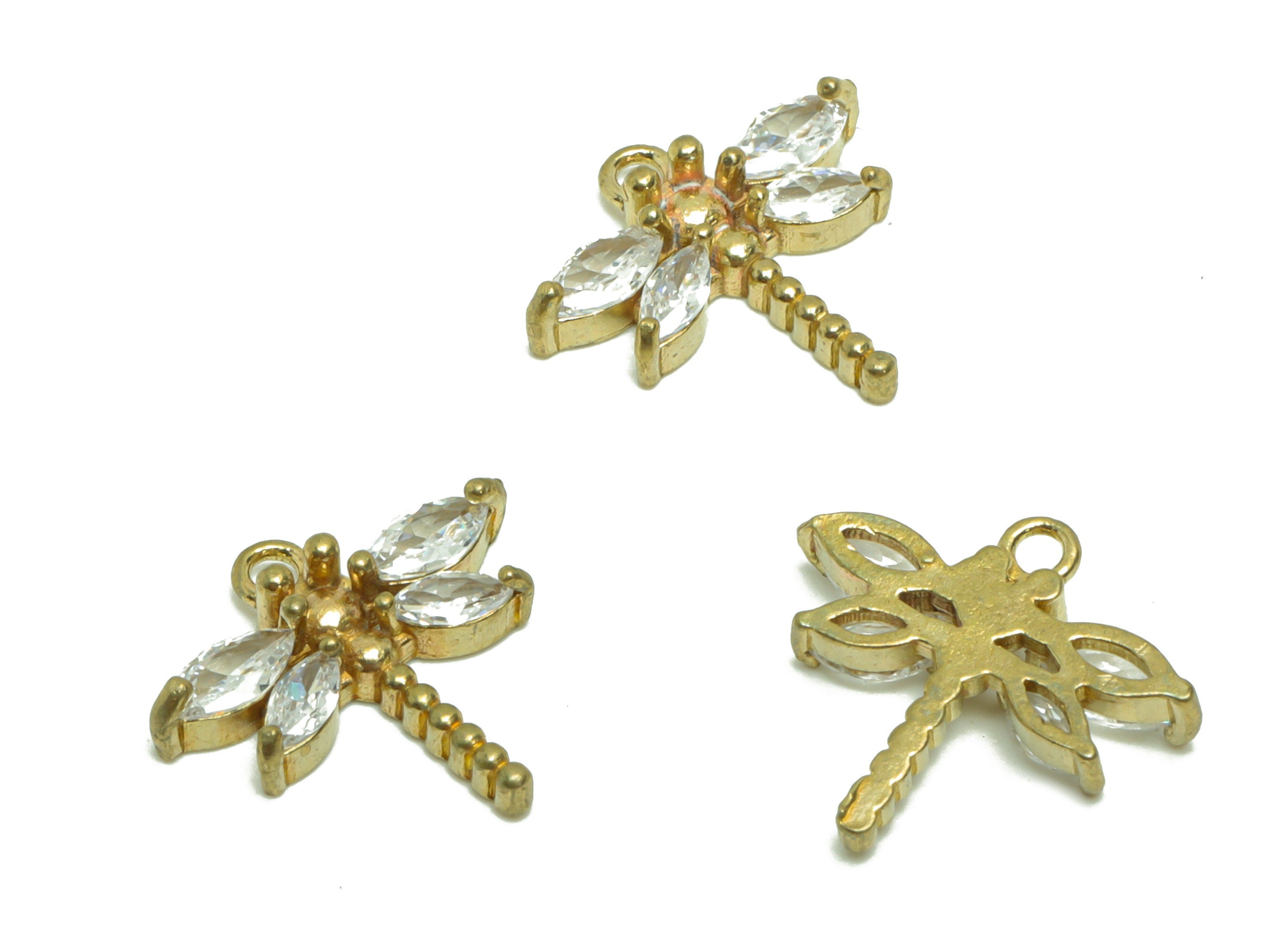 Brass Dragonfly Earring Charm - Raw Brass Dragonfly Pendant - Cubic Zircon Animal Earring Charm - Cubic Dragonfly Charm - 13x14x3mm- PP8807 - DOMEDBAZAAR