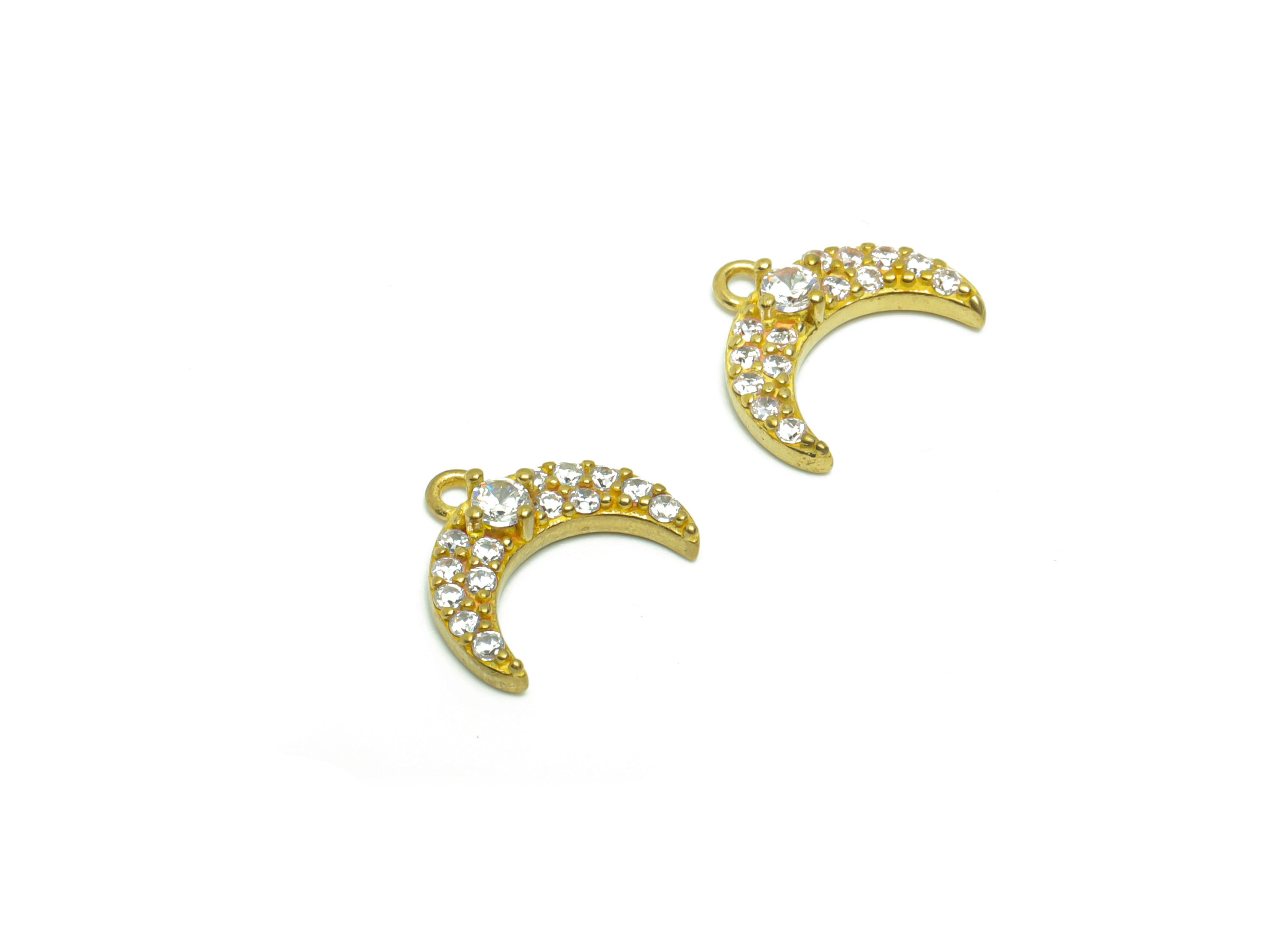 Brass Crescent Earring Charm - Raw Brass Moon Pendant - Cubic Zircon Crescent Earring Charm - Space Earring Charm - 11.43x13x3.48mm - PP8803 - DOMEDBAZAAR