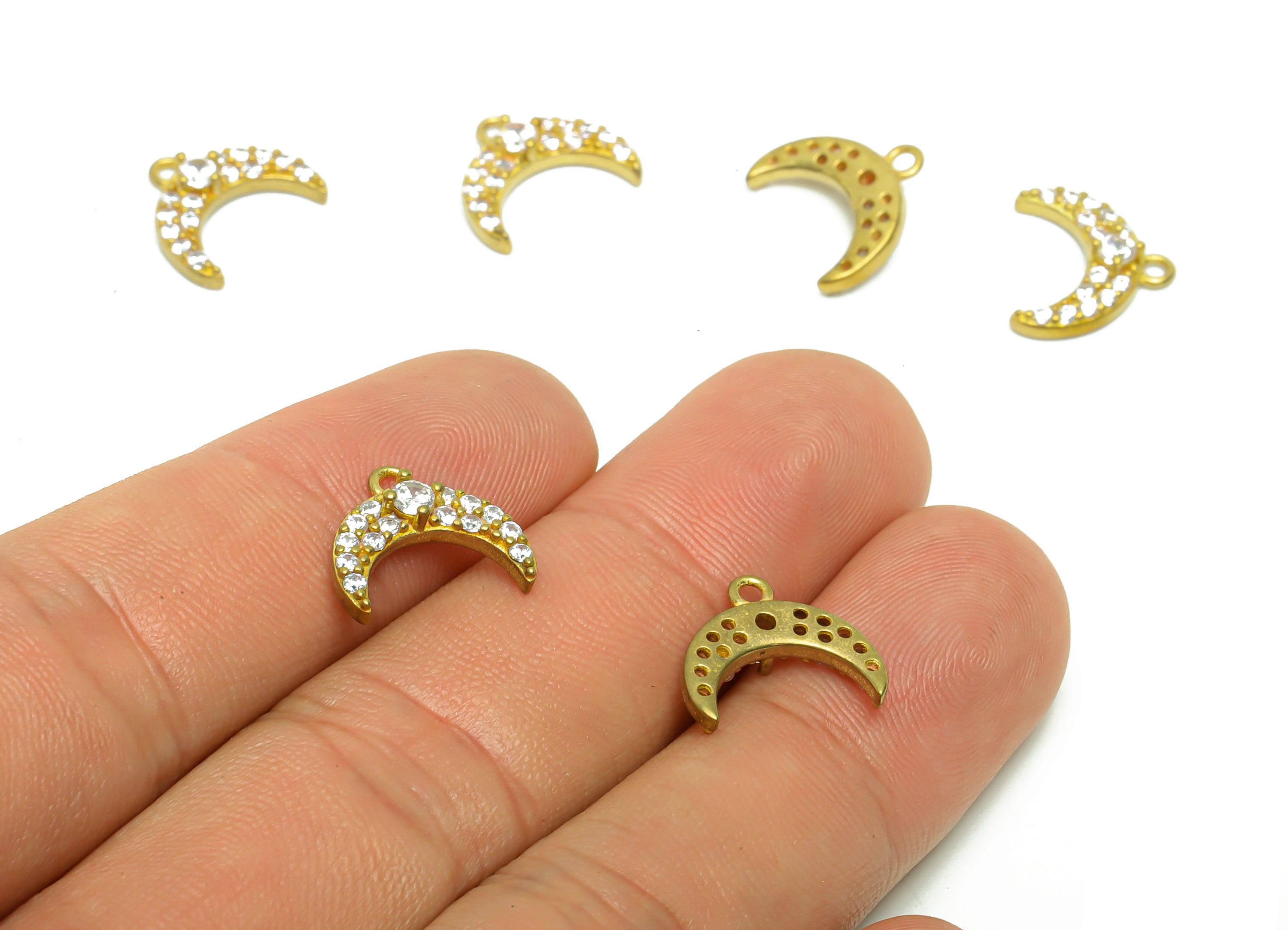 Brass Crescent Earring Charm - Raw Brass Moon Pendant - Cubic Zircon Crescent Earring Charm - Space Earring Charm - 11.43x13x3.48mm - PP8803 - DOMEDBAZAAR