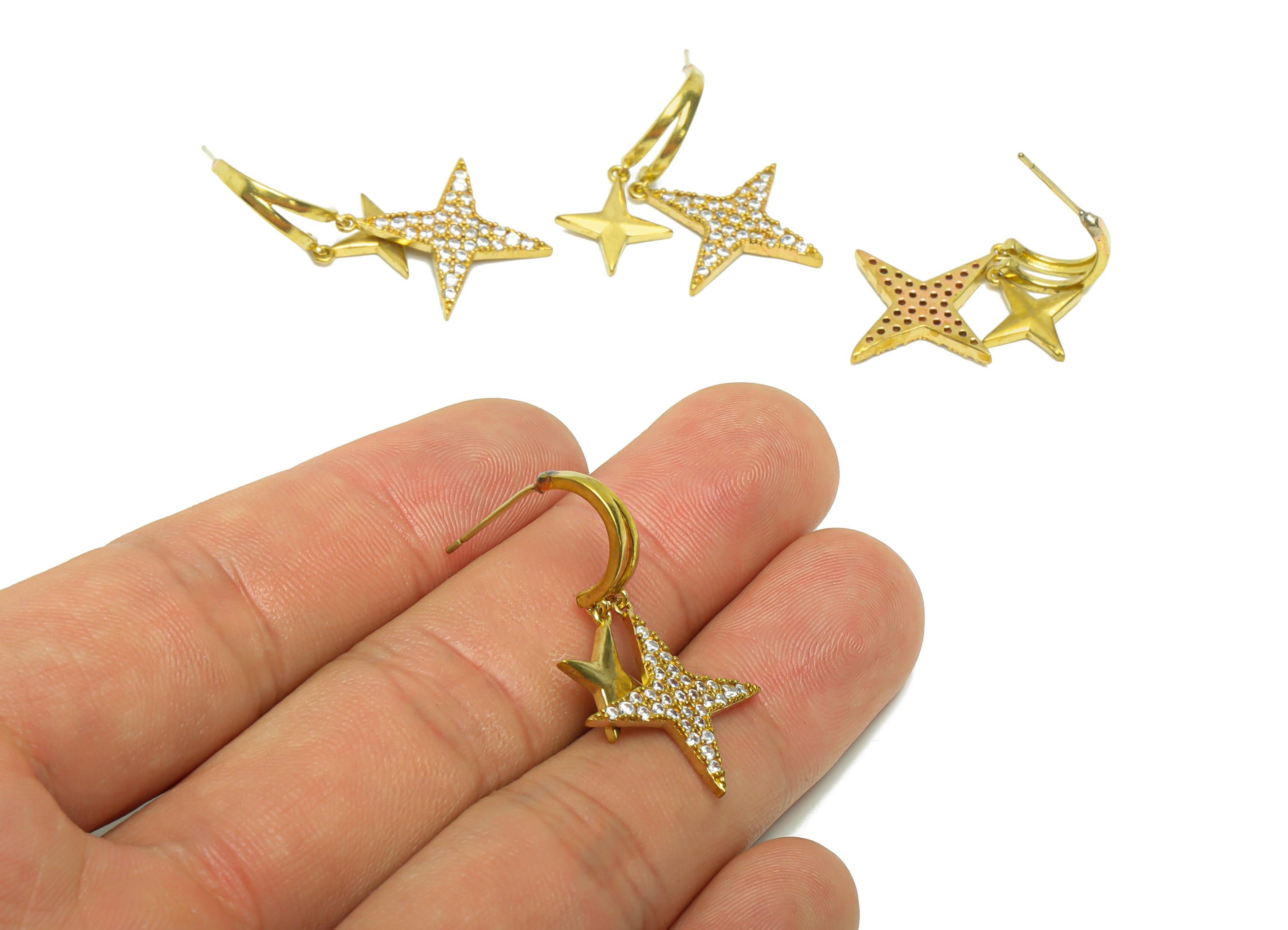 Brass Star Earring Stud - Raw Brass North Star Post - Cubic Zircon Star Earring Post - Zircon Star Dangle Earring Post - 30x18x1mm - PP8811 - DOMEDBAZAAR