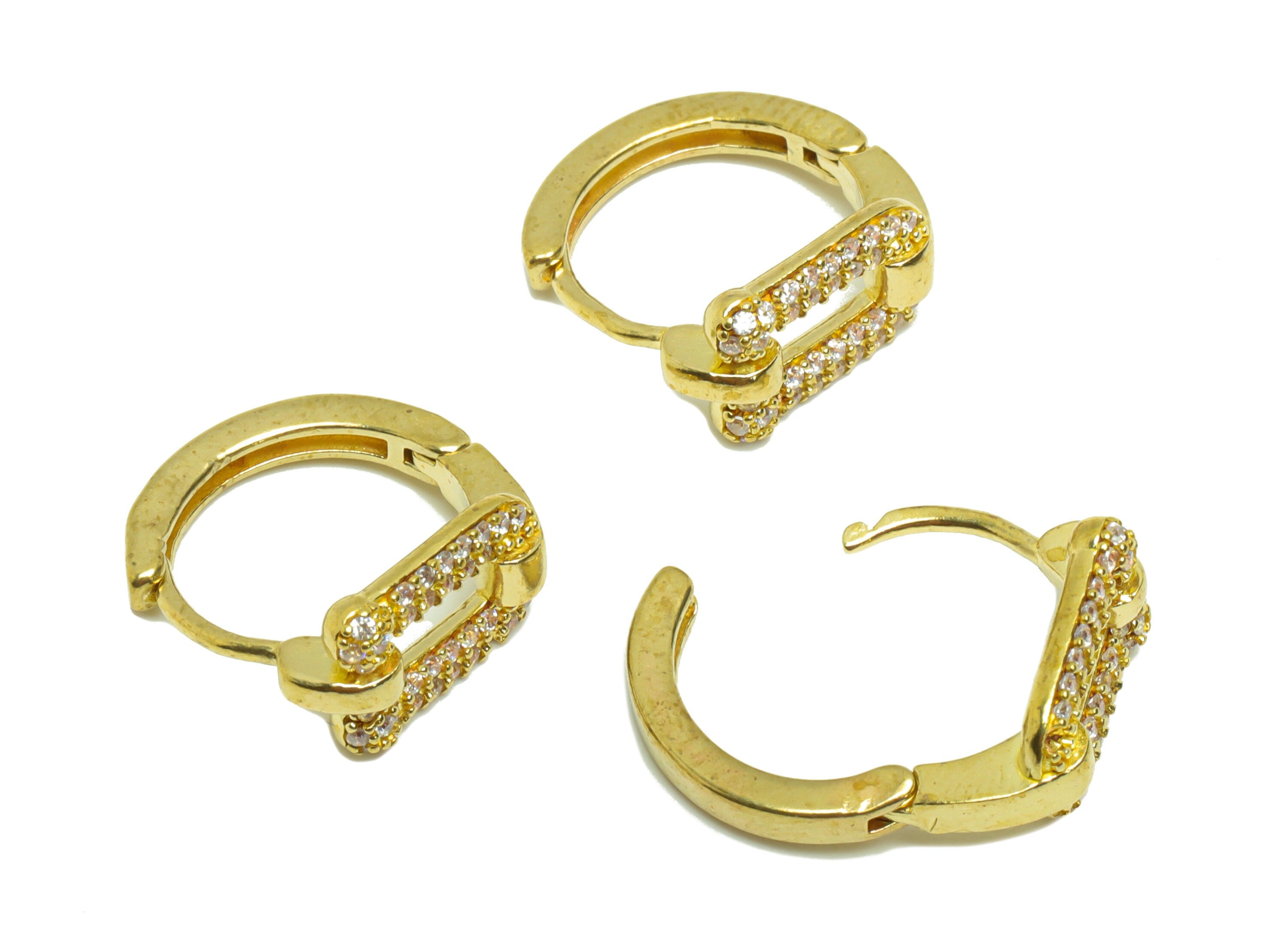 Rectangle Huggie Hoop Earring - Dainty Zircon Huggies with Open Ring - Raw Brass Clasp Hoop Earring - 15.9x15.19x7mm - PP8815 - DOMEDBAZAAR