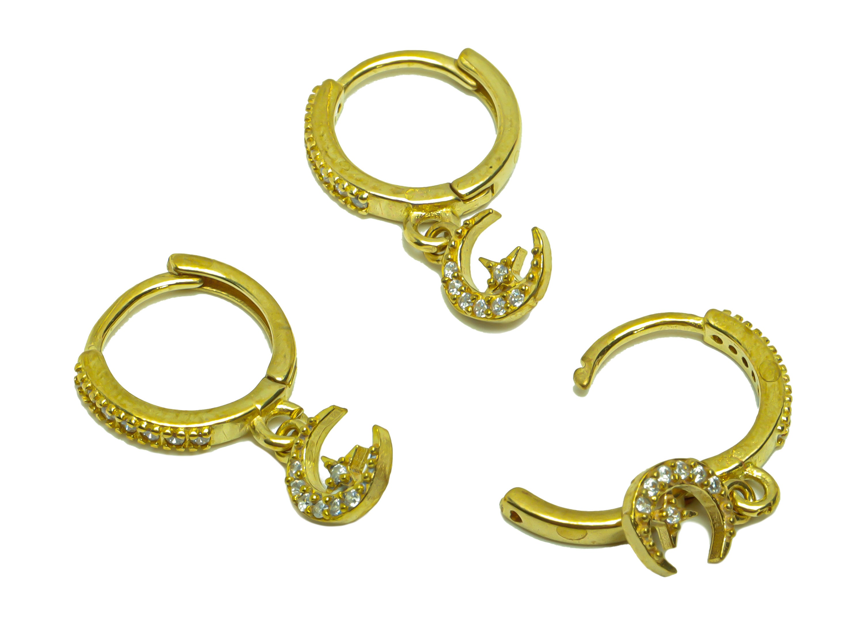 Crescent Huggie Hoop Earring - Crescent Zircon Huggies with Open Ring - Raw Brass Star Clasp Hoop Earring - 19x12x2mm - PP8795 - DOMEDBAZAAR