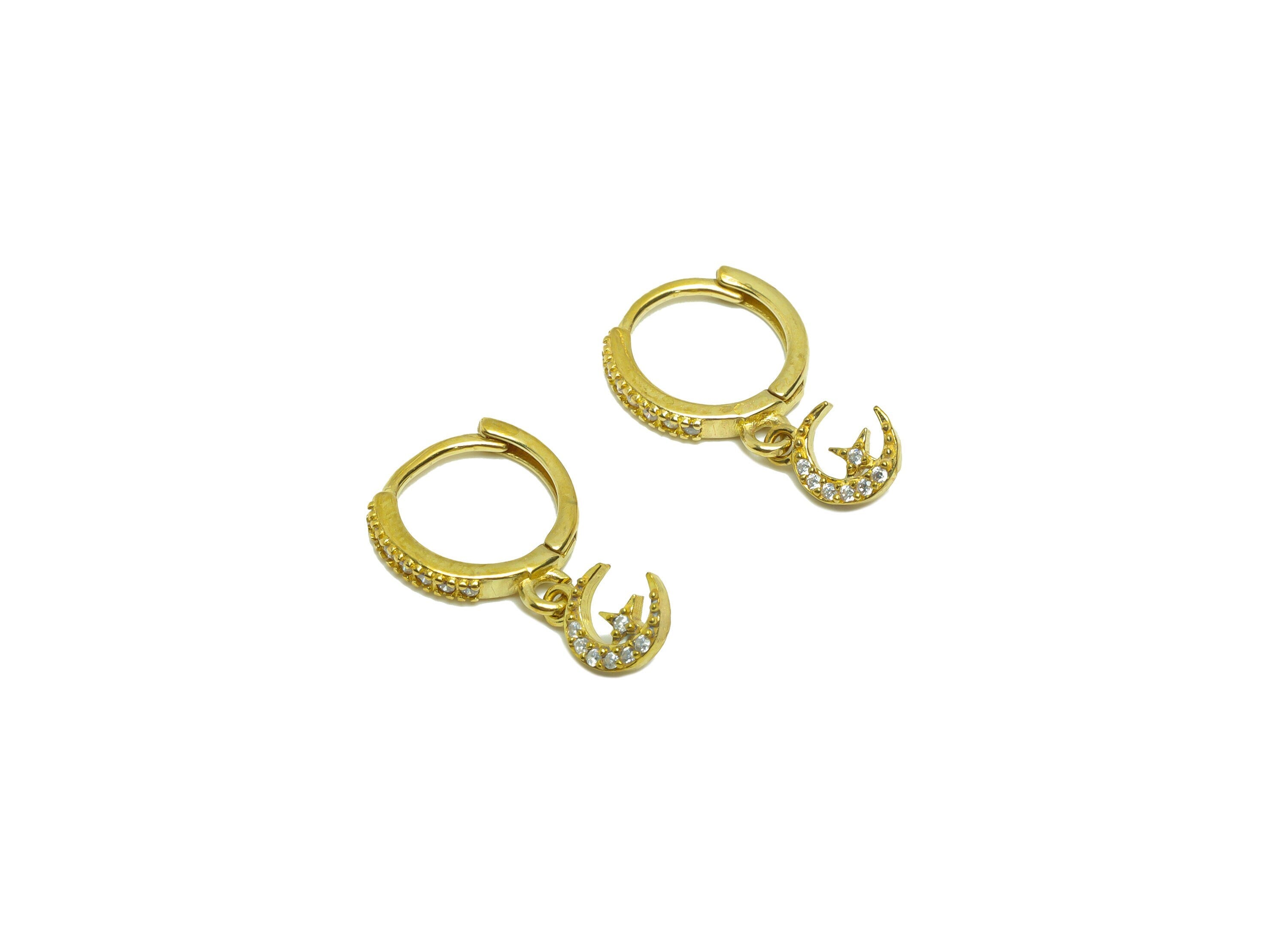 Crescent Huggie Hoop Earring - Crescent Zircon Huggies with Open Ring - Raw Brass Star Clasp Hoop Earring - 19x12x2mm - PP8795 - DOMEDBAZAAR