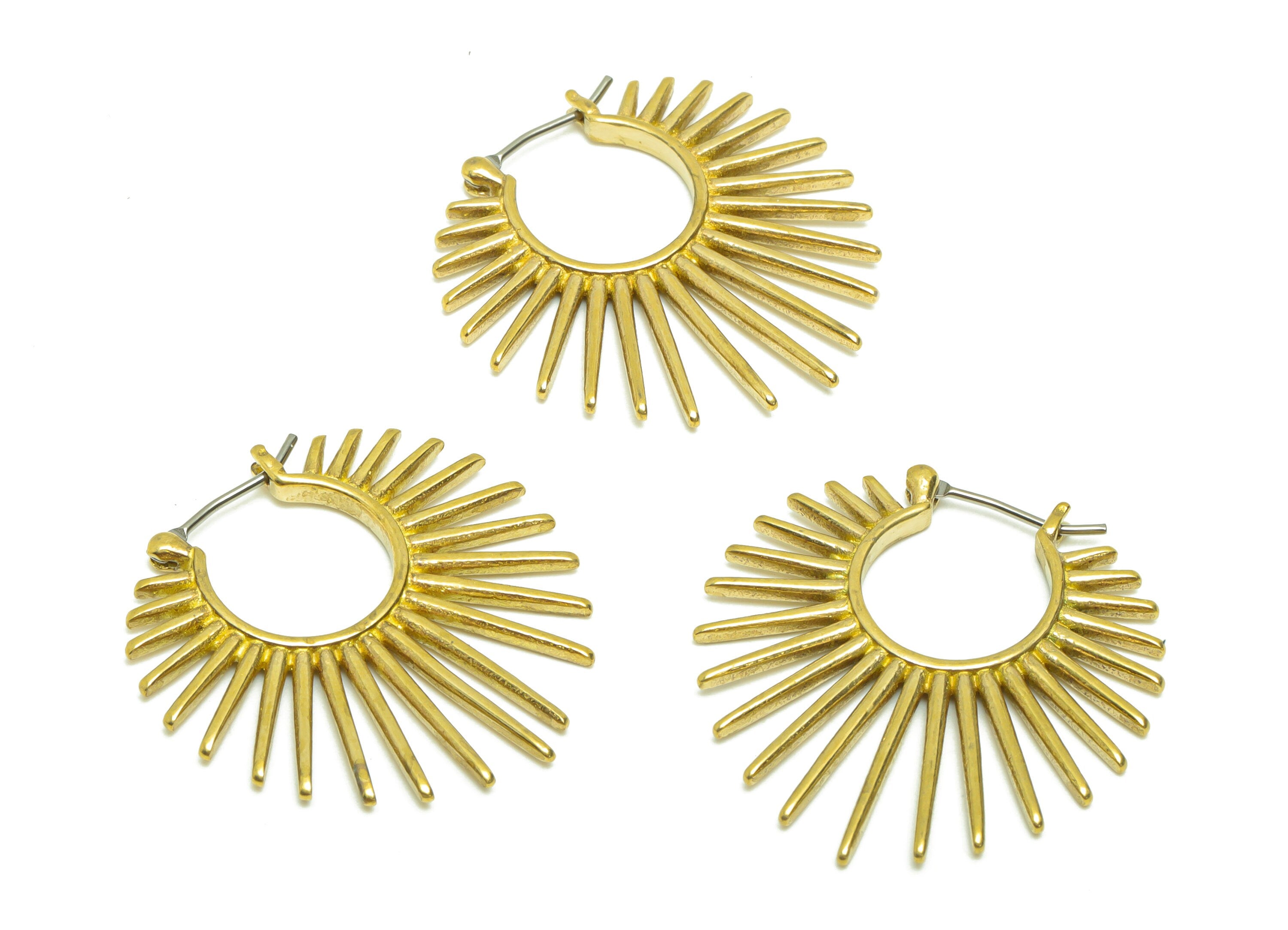 Sunburst Hoop Earrings - Raw Brass Sunshine  Huggie Hoop Clasp - Brass Sun Hoop Clasp - Sun Ray Clasp - 30.31x29.57x2.34mm- PP8659 - DOMEDBAZAAR