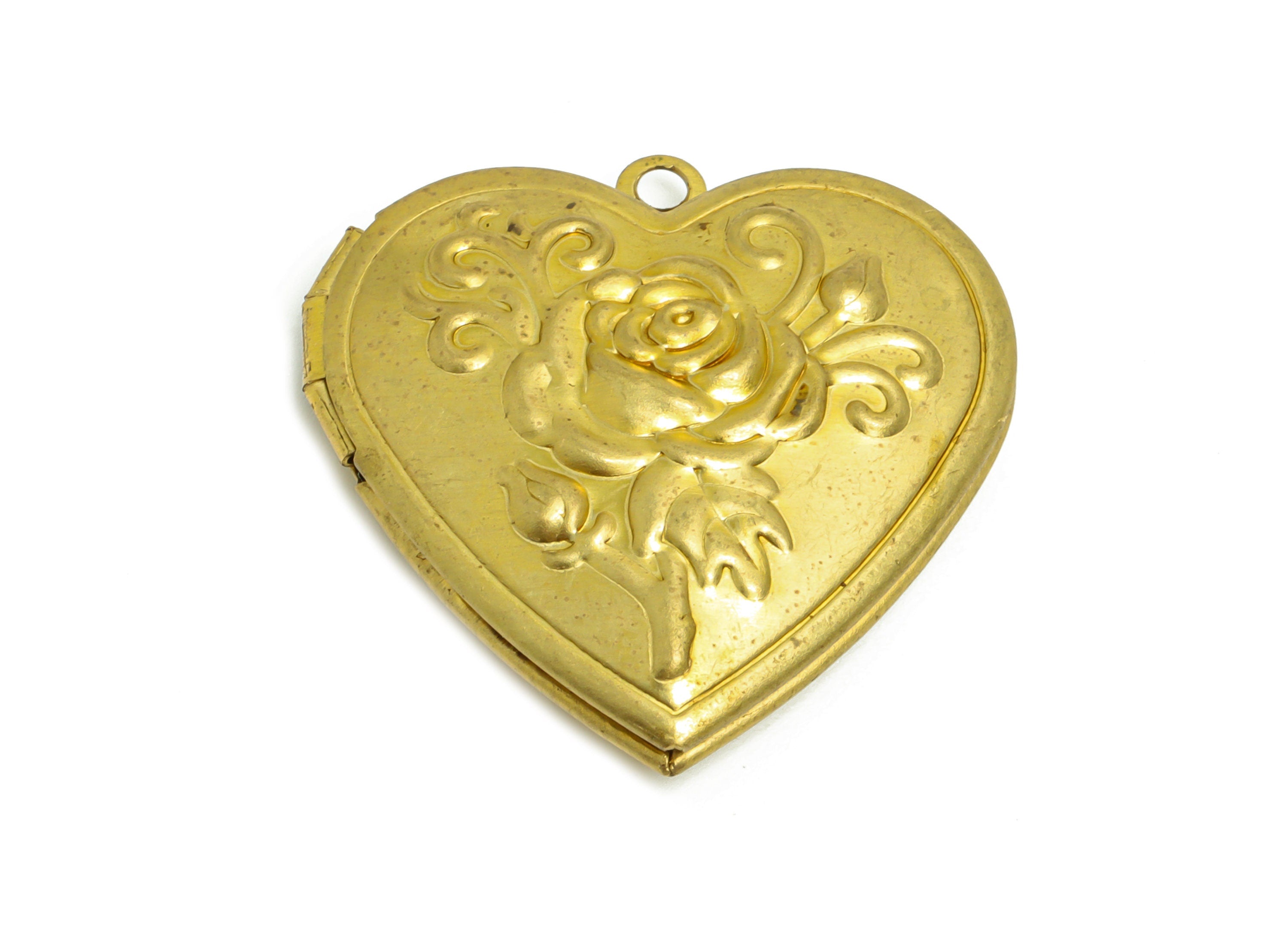 Rose Heart Locket Pendant - Raw Brass Engraved Antique Vintage - Antique Looking Locket - Vintage Looking Locket - 28x28.58x7.6mm - PP8910 - DOMEDBAZAAR