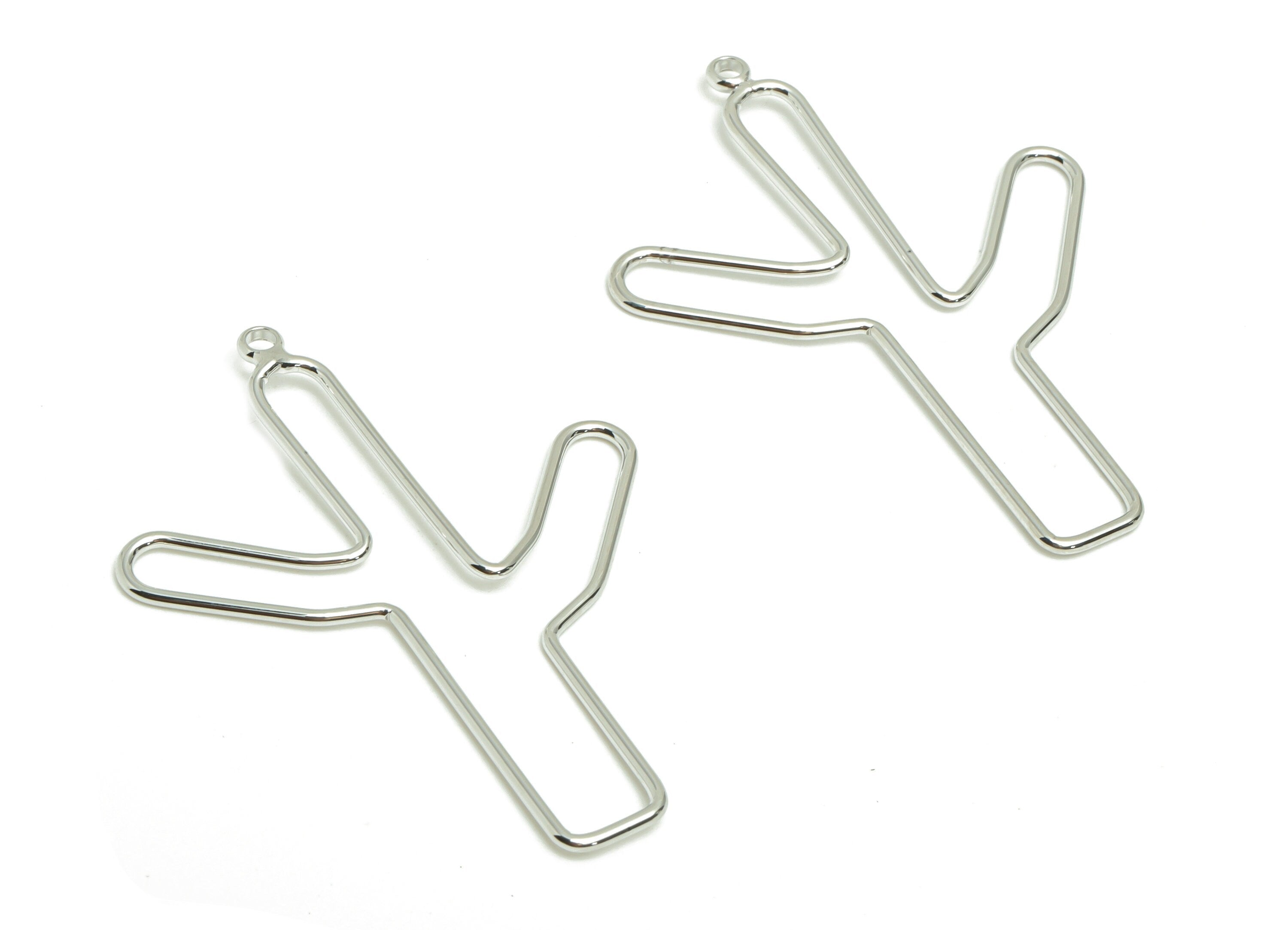 Brass Cactus Earring Charms - Brass Cactus Charm - Botanical Earring Charm - Brass Wire Cactus Earring - 18K White Gold -43x32x1mm - PP7061S - DOMEDBAZAAR