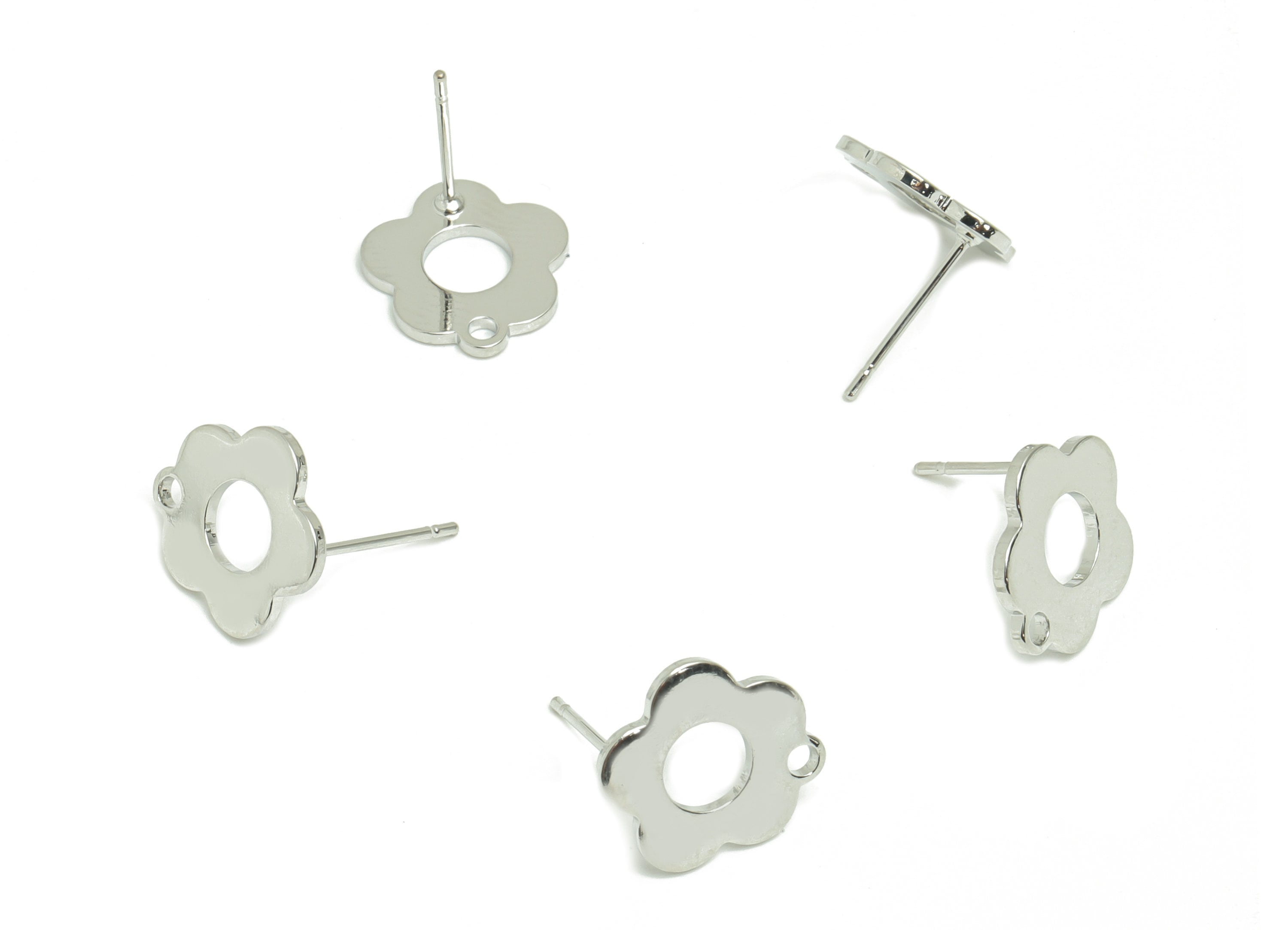 Brass Flower Earring Posts - Brass Flower Earring Stud - Stainless Steel Stud - 18K White Gold Plating - 13.18x13.18x1.02mm - RGP5194S - DOMEDBAZAAR