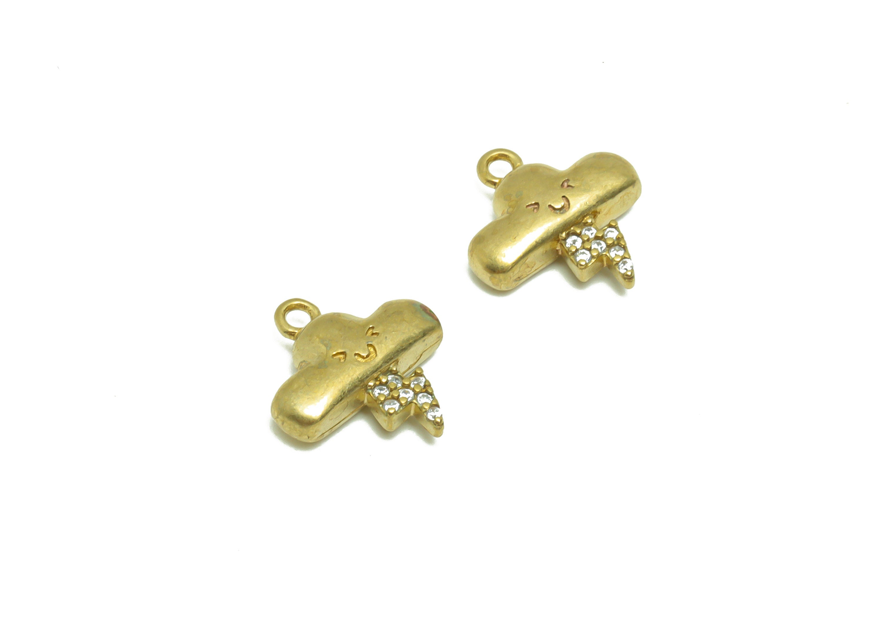 Brass Cloud Earring Charm - Raw Brass Clouds Face Pendant - Brass lightning Simal Face - Brass Zircon Earring Charms - 13.6x12x3mm - PP8674 - DOMEDBAZAAR