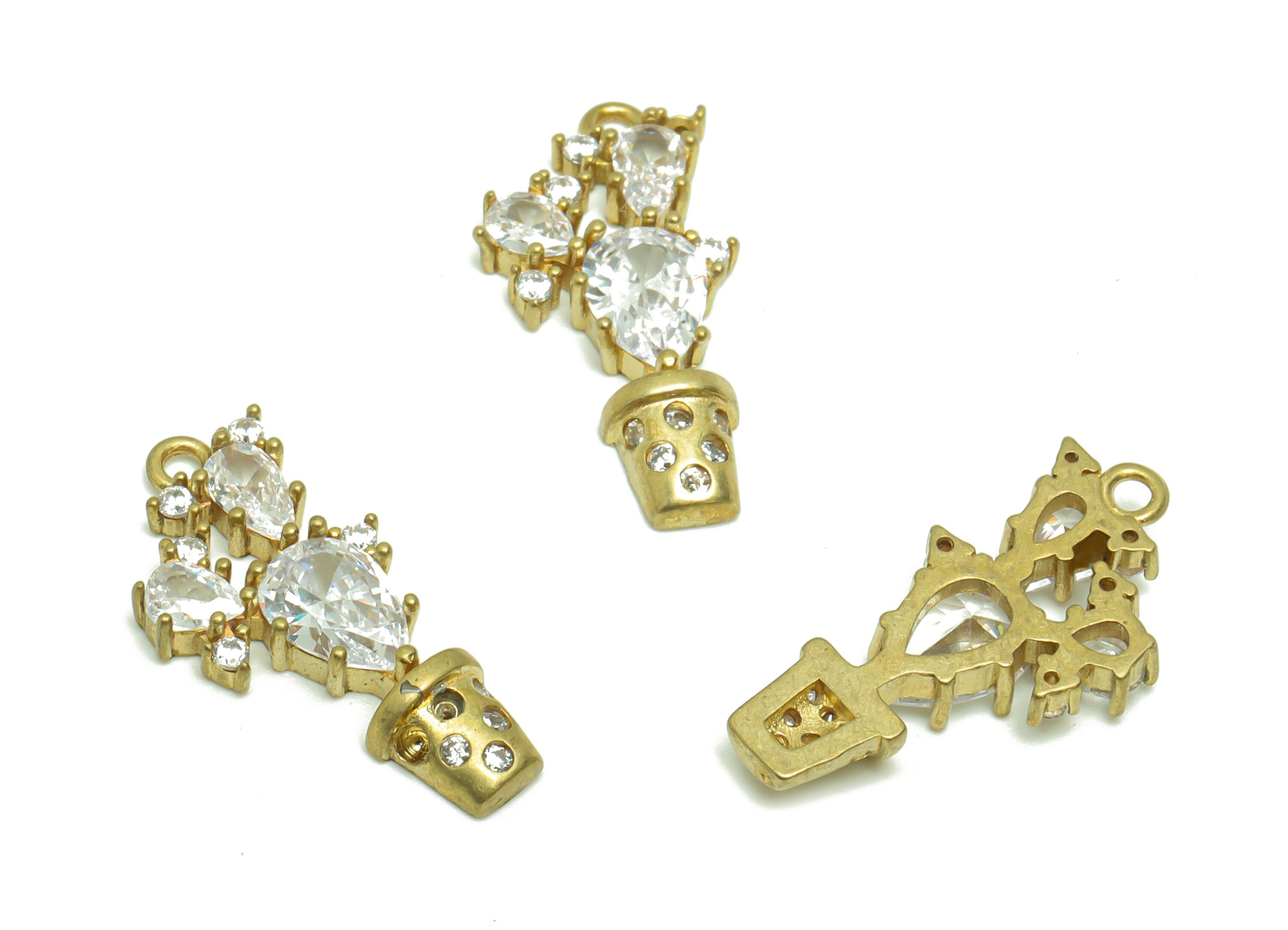 Brass Floral Earring Charm - Raw Brass Potted Plant Pendant - Cubic Zircon Earring Charms - Brass Drop Earring Charm - 21x10x3.42mm- PP8701 - DOMEDBAZAAR