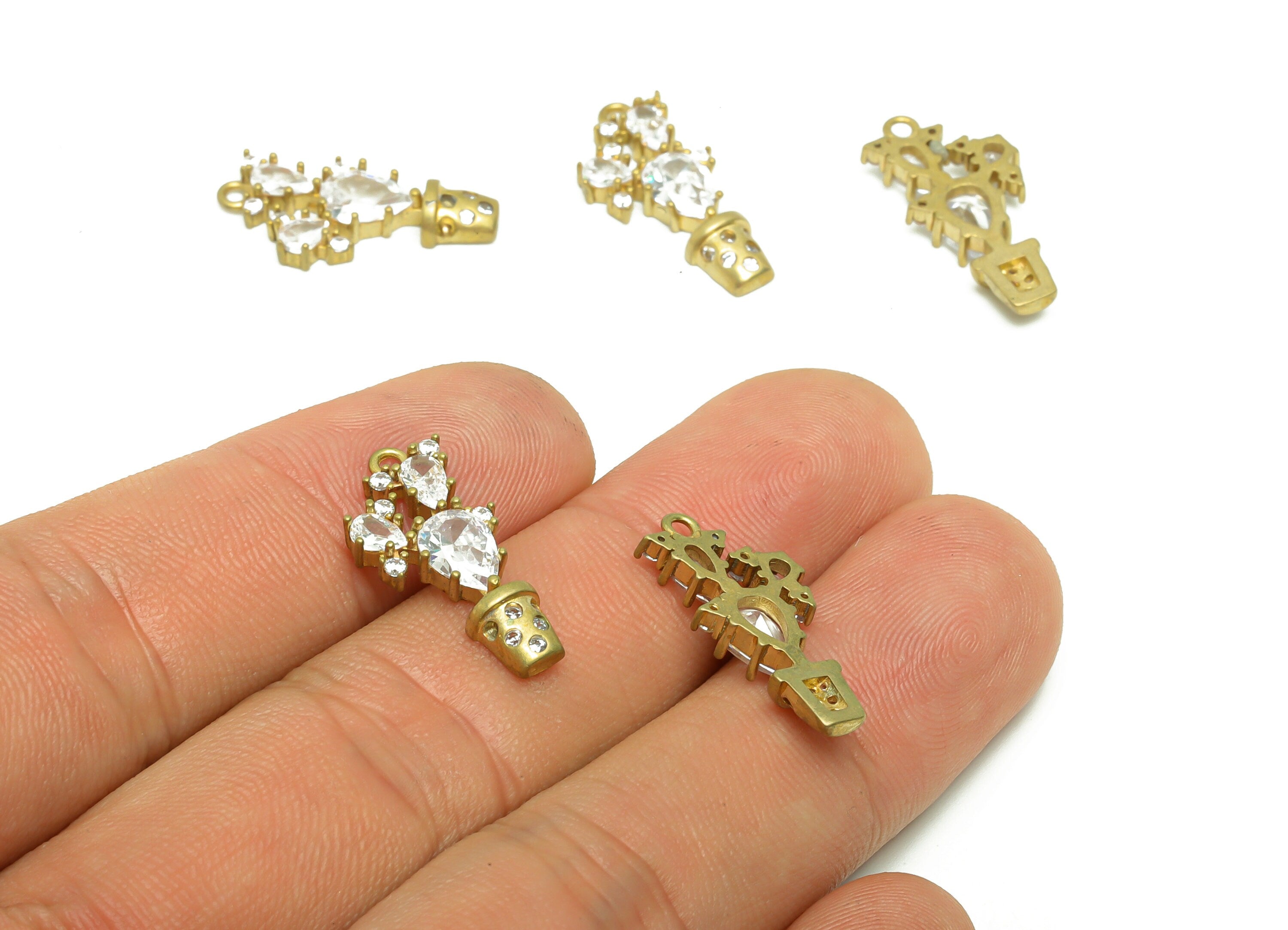 Brass Floral Earring Charm - Raw Brass Potted Plant Pendant - Cubic Zircon Earring Charms - Brass Drop Earring Charm - 21x10x3.42mm- PP8701 - DOMEDBAZAAR