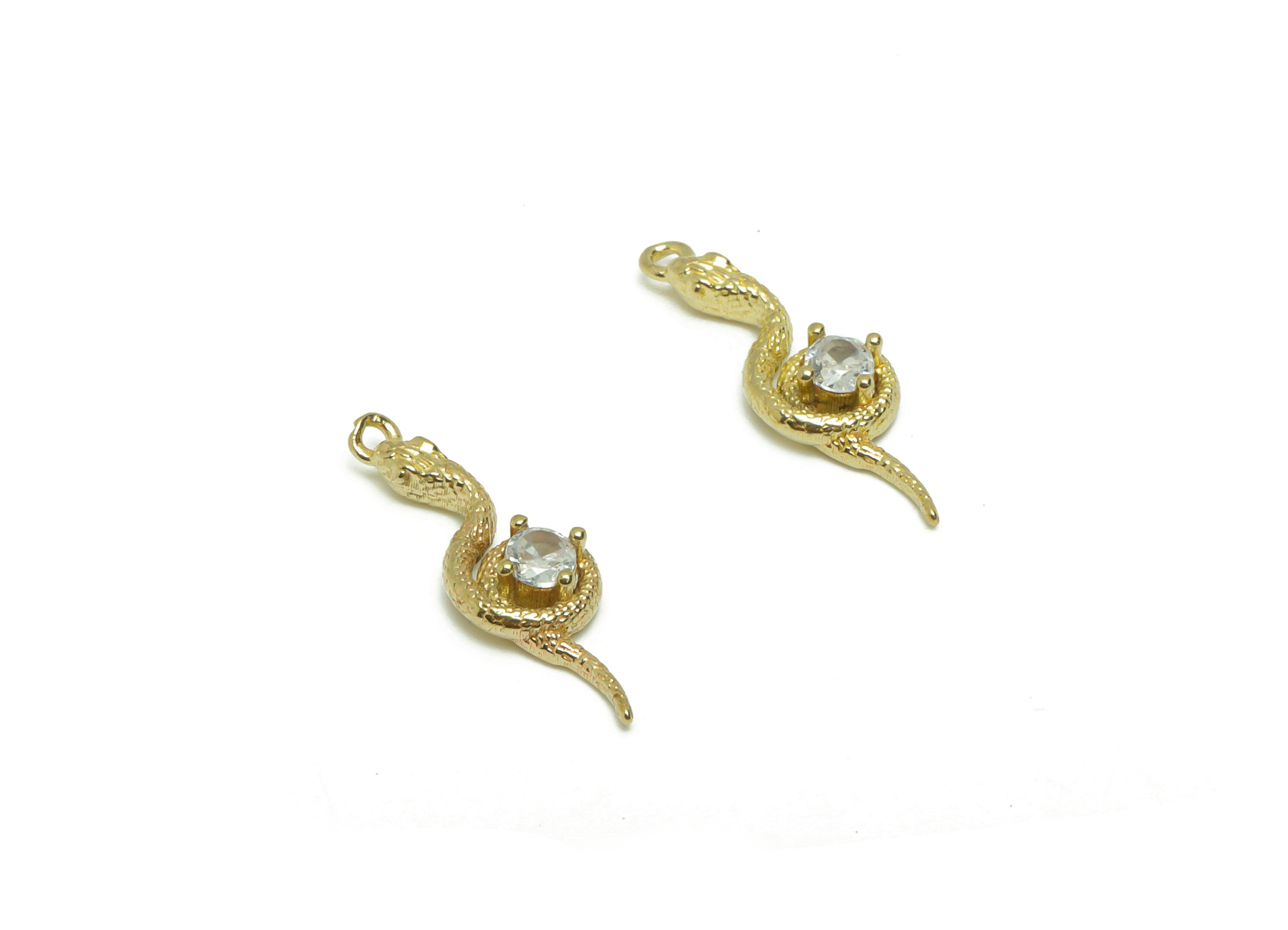 Brass Snake Earring Charm - Raw Brass Snake Pendant - Brass Cubic Zircon Earring Charms - Brass Baby Snake Charm - 20x6x3.38mm- PP8679 - DOMEDBAZAAR