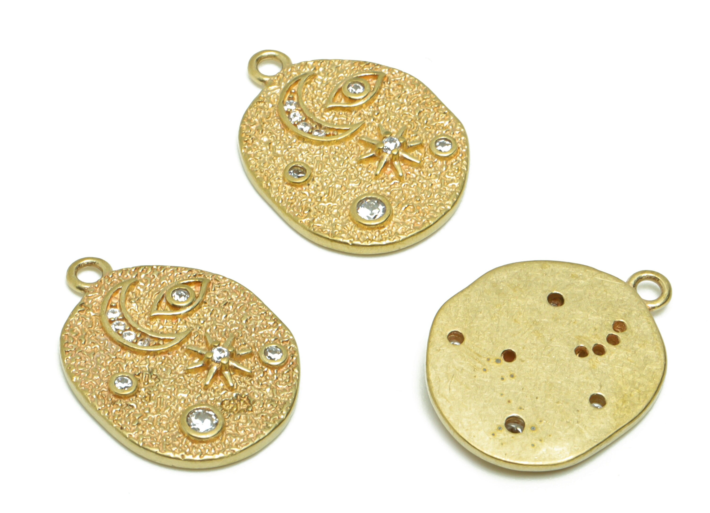 Brass Crescent Earring Charm - Raw Brass Star Pendant - Brass Cubic Zircon Earring Charms - Brass Star Eye Charm - 18.32x13.5x1.9mm - PP8680 - DOMEDBAZAAR