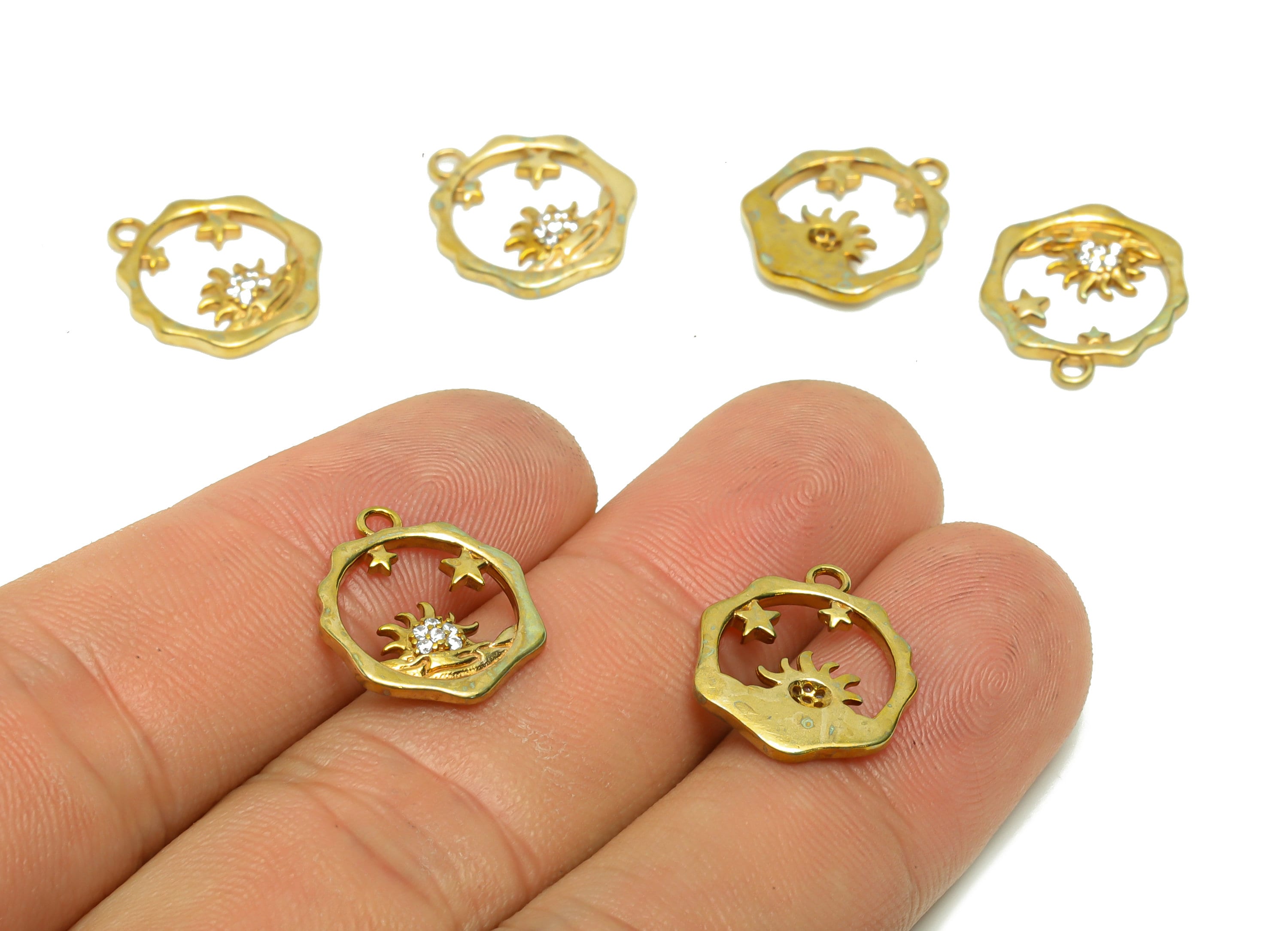 Brass Sun Earring Charm - Raw Brass Sea Surface Sunrise Pendant - Cubic Zircon Sun Earring Charms - Brass Celestial Charm -16x13x1mm- PP8697 - DOMEDBAZAAR