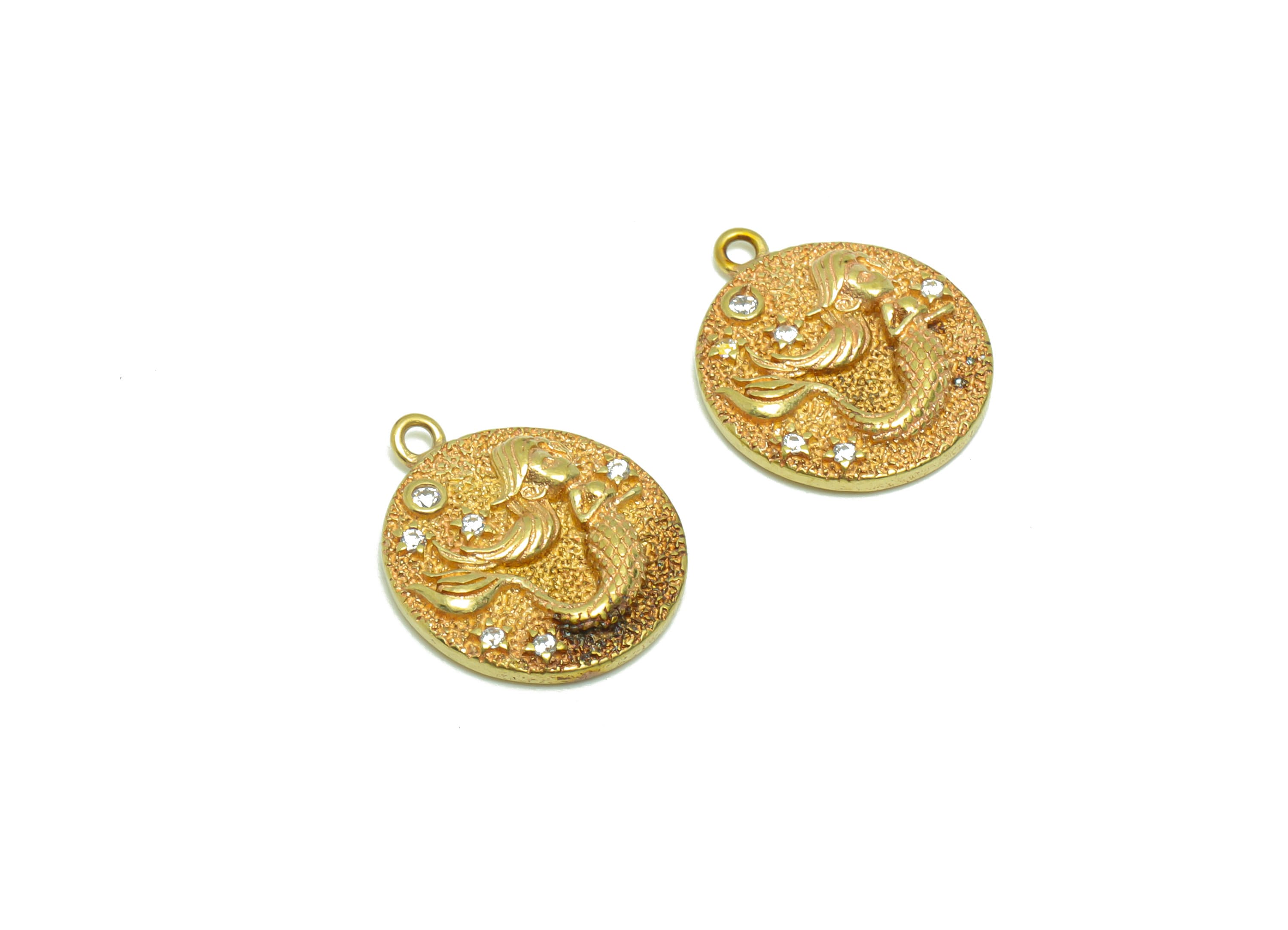 Brass Mermaid Earring Charm - Raw Brass Round Pendant - Brass Cubic Zircon Mermaid Earring Charm - Textured Mermaid Star -17x14x3mm - PP8691 - DOMEDBAZAAR