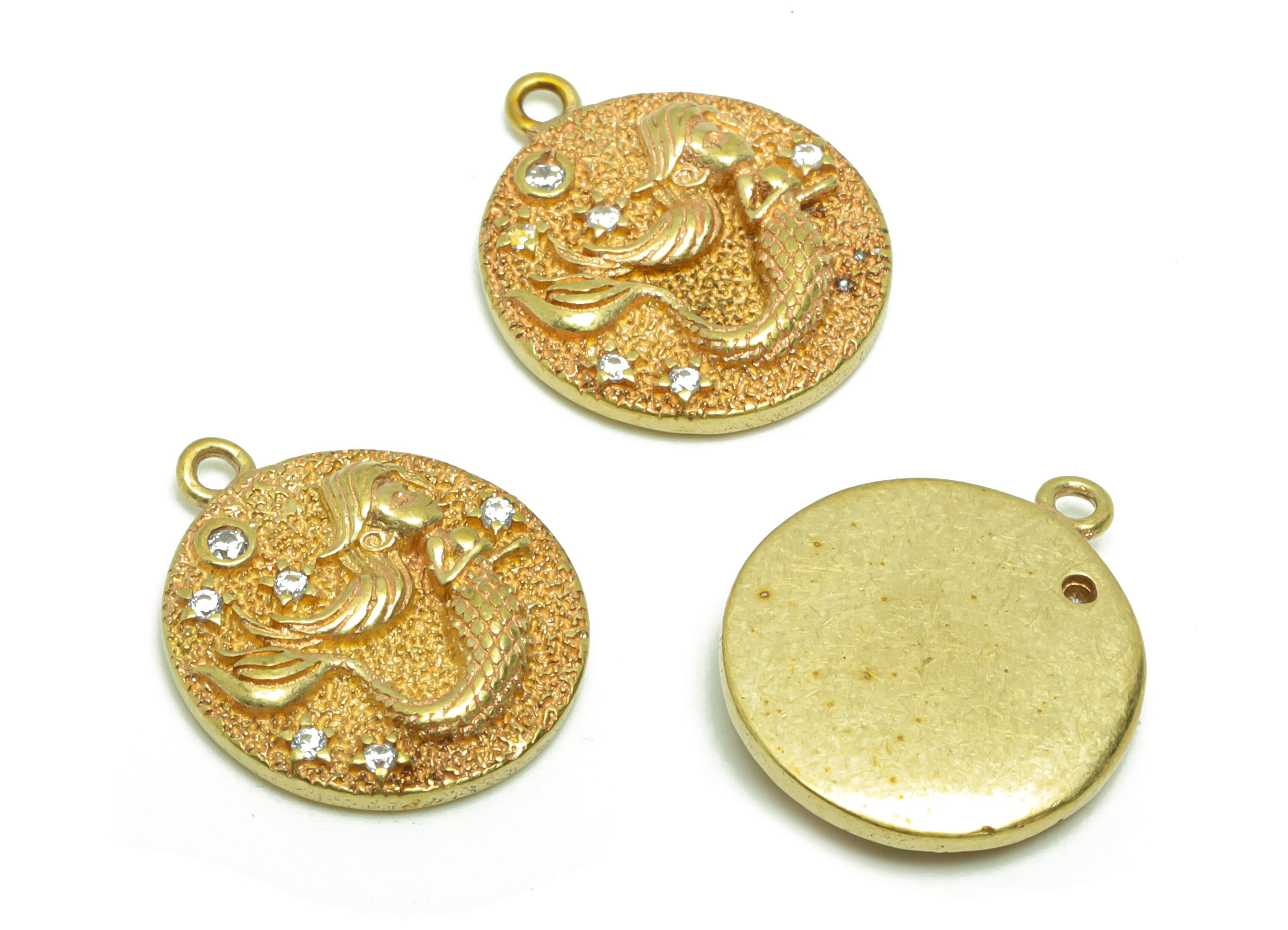 Brass Mermaid Earring Charm - Raw Brass Round Pendant - Brass Cubic Zircon Mermaid Earring Charm - Textured Mermaid Star -17x14x3mm - PP8691 - DOMEDBAZAAR