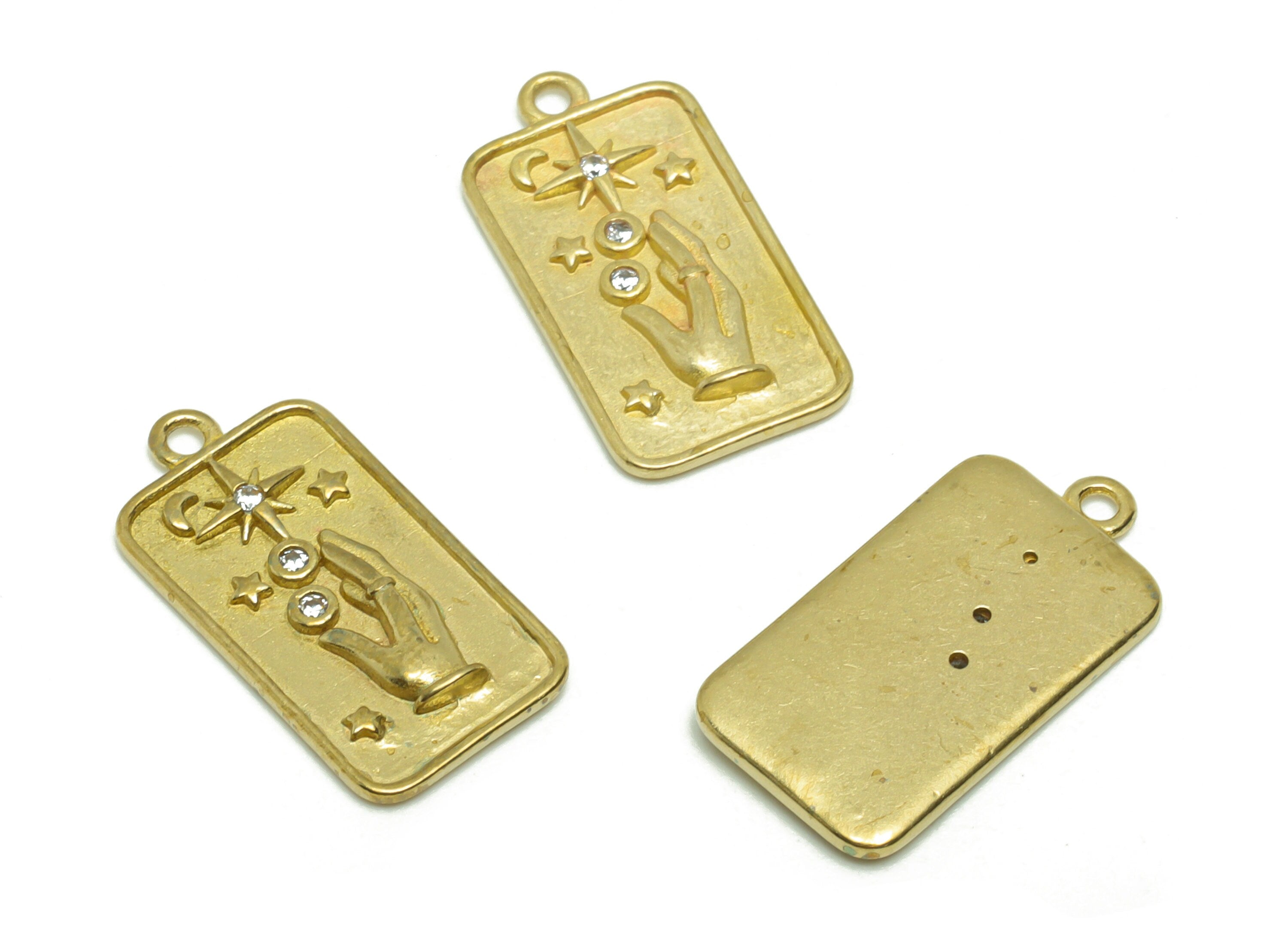Brass Hand Signs Earring Charm - Raw Brass Rectangle Pendant - Cubic Zircon Star Crescent Earring Charm - Space Charm - 19.7x10x1mm - PP8705 - DOMEDBAZAAR