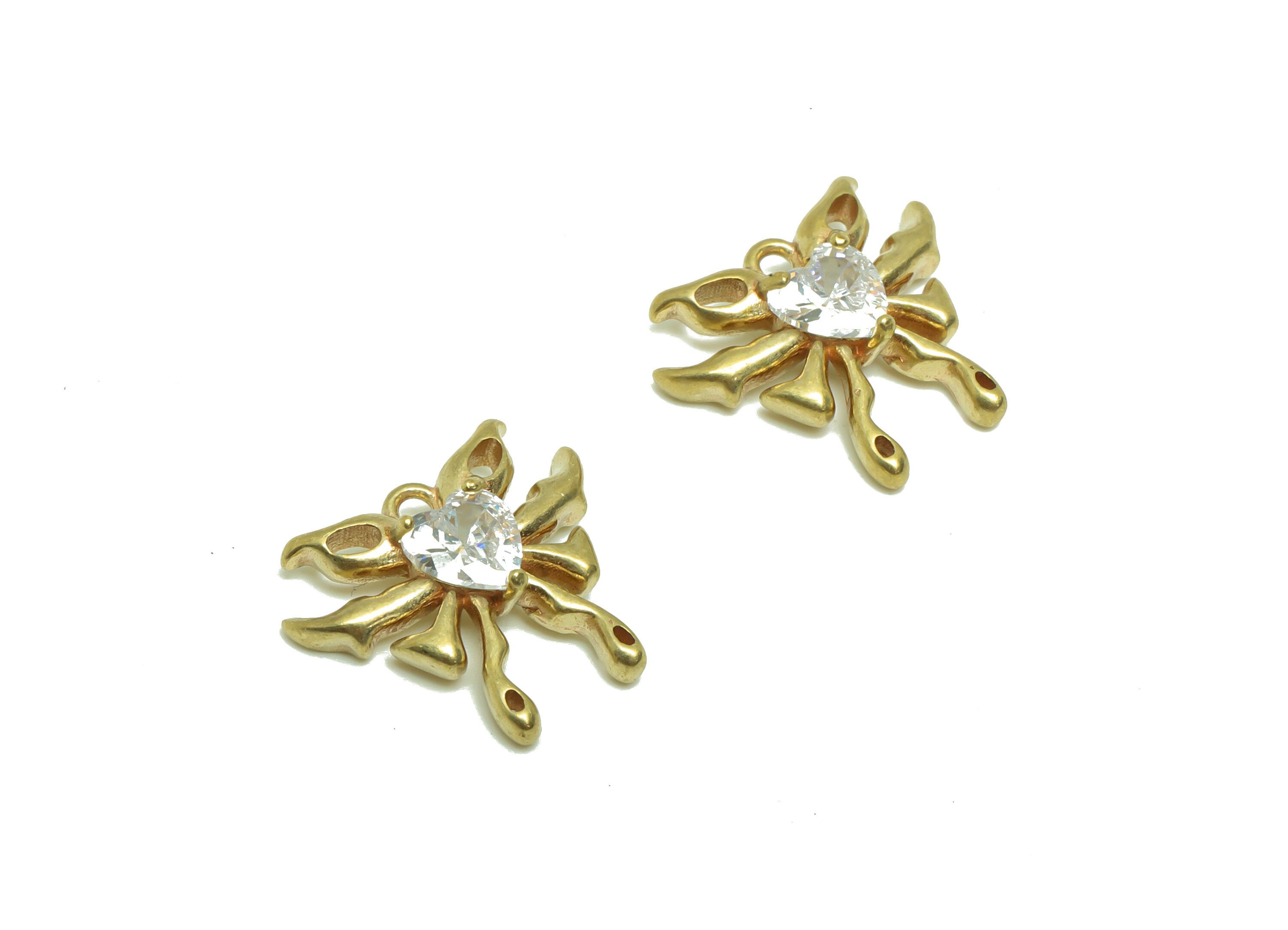 Brass Bow Tie Earring Charm - Cubic Zircon Butterfly Earring Charm - Raw Brass Butterfly Pendant - Heart Zircon Charm - 14x18x3mm - PP8694 - DOMEDBAZAAR