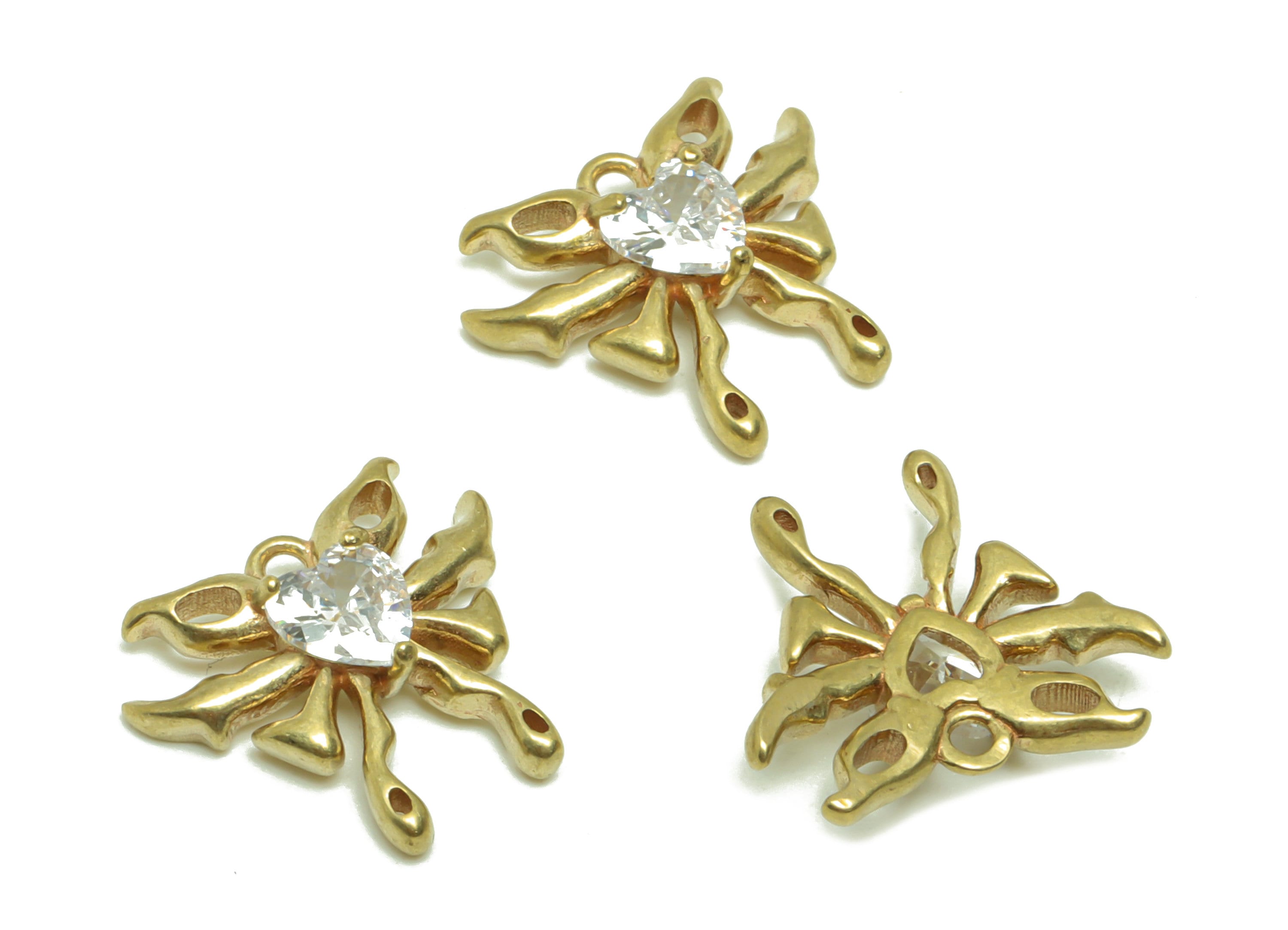 Brass Bow Tie Earring Charm - Cubic Zircon Butterfly Earring Charm - Raw Brass Butterfly Pendant - Heart Zircon Charm - 14x18x3mm - PP8694 - DOMEDBAZAAR