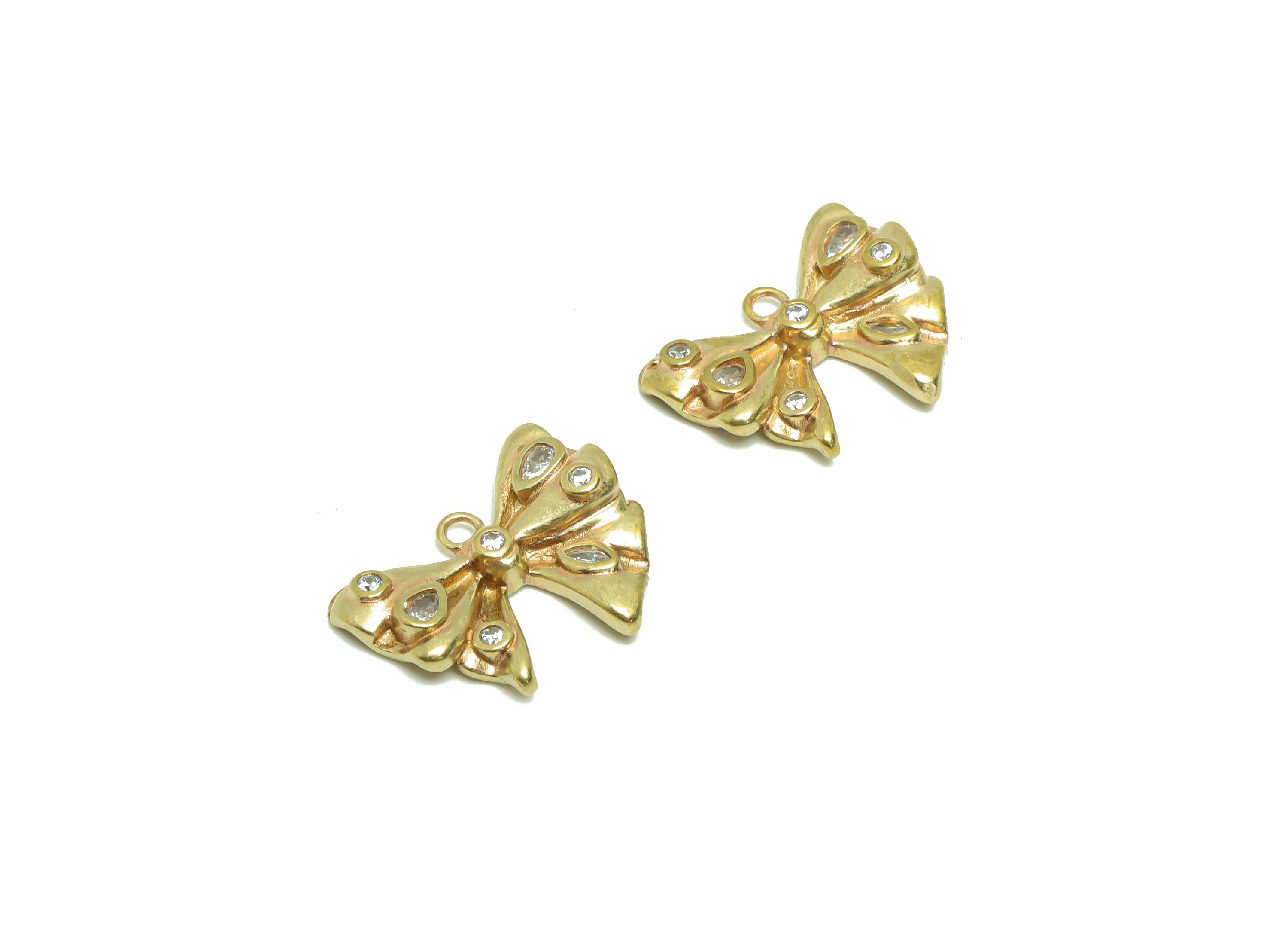 Brass Bow Tie Earring Charm - Cubic Zircon Butterfly Earring Charm - Raw Brass Bow Tie Pendant - Cubic Bow Tie Charm - 14.95x18x3mm - PP8702 - DOMEDBAZAAR