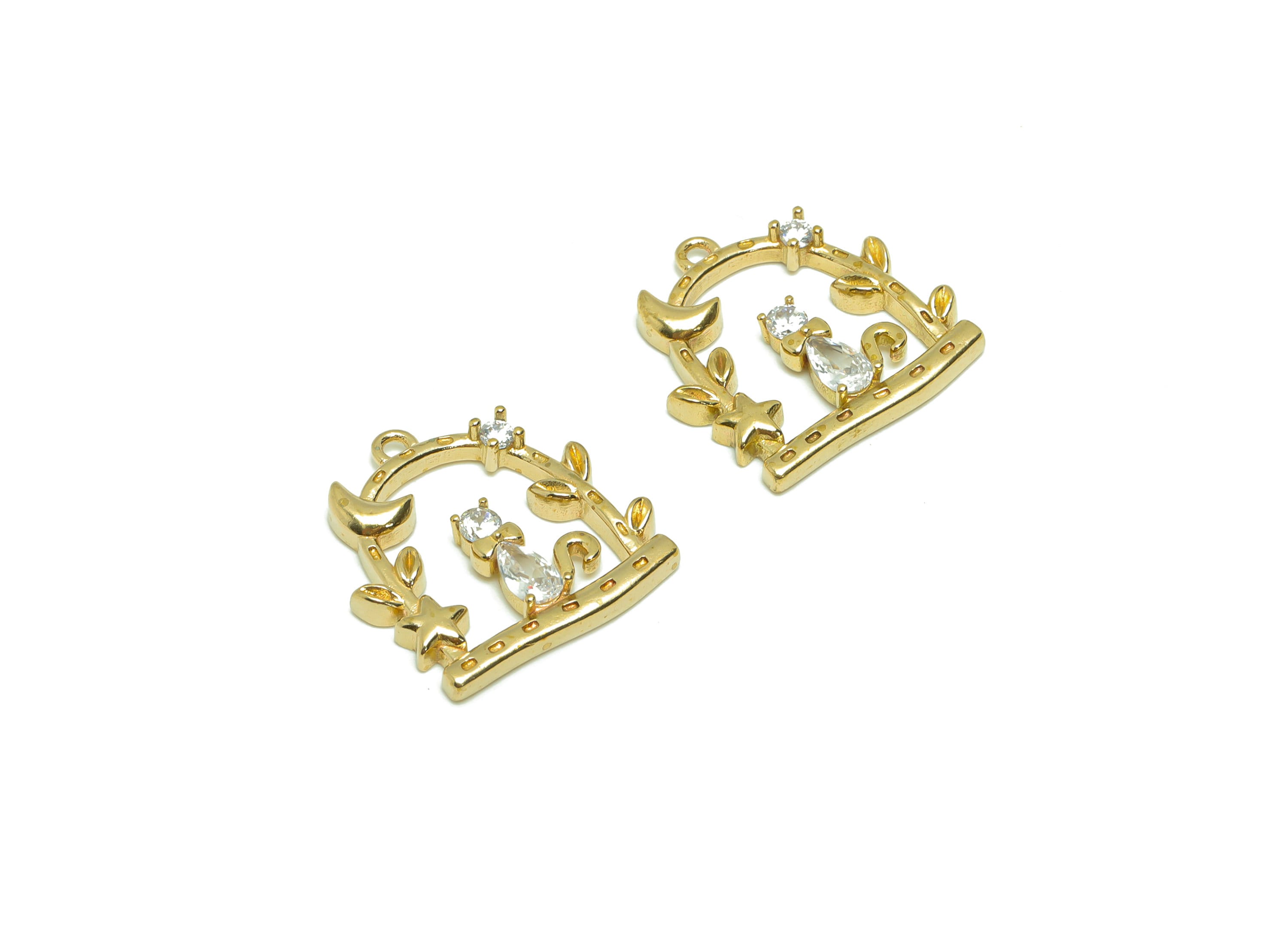 Brass Cat Moon Earring Charm - Zircon Star Garden Earring Charm - Brass Cat Crescent Domed Pendant - Branch Pet Charm - 18x17x2mm - PP8672 - DOMEDBAZAAR