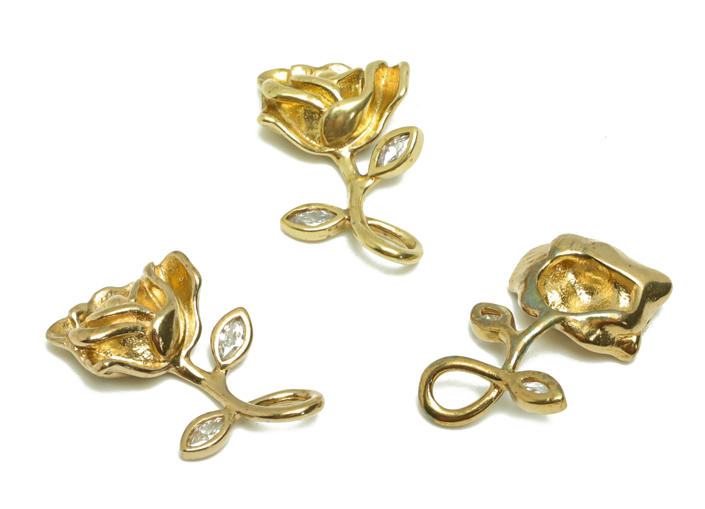 Brass Rose Earring Charm - Zircon Rose Earring Charm - Raw Brass Botanical Pendant -Brass Flower Charm - 16.97x9.63x3.28mm - PP8677 - DOMEDBAZAAR