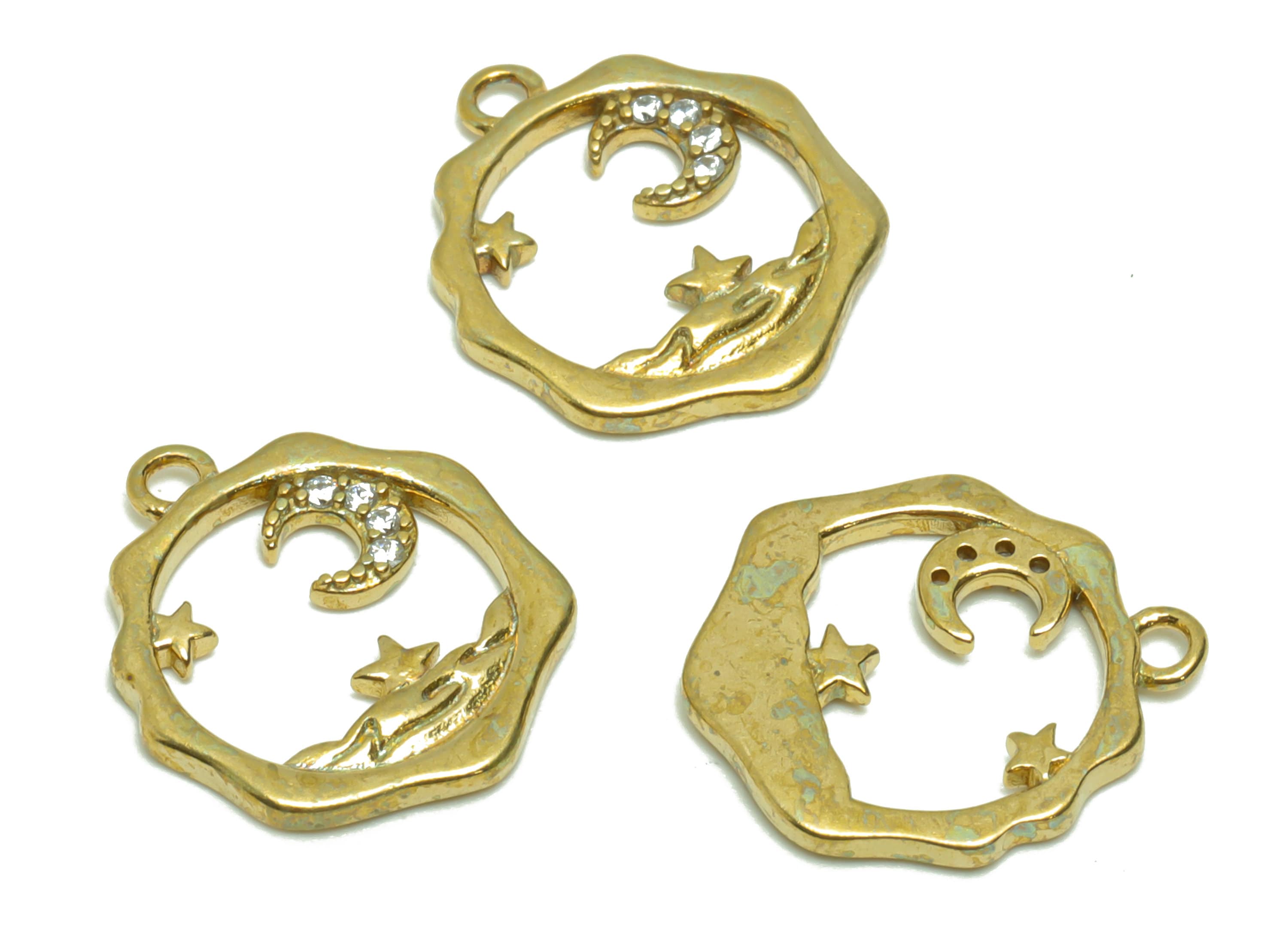 Brass Crescent Earring Charm - Zircon Starry Sky Earring Charm - Raw Brass Moon Pendant - Brass Space Charm - 15.82x14.07x1.57mm - PP8696 - DOMEDBAZAAR
