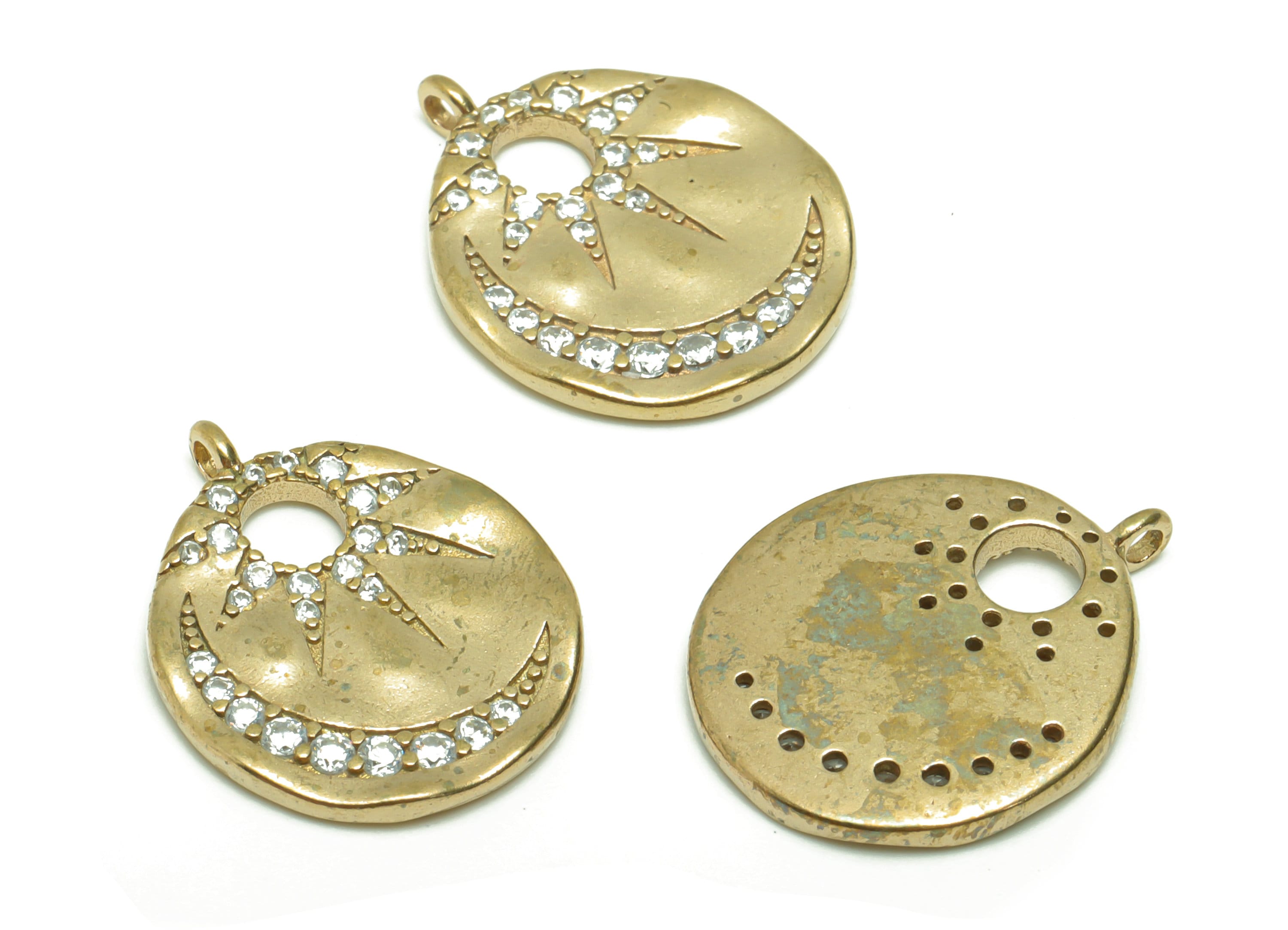 Brass Crescent Earring Charm - Brass Zircon Moon Hollow Earring Charm - Raw Brass Sunshine Pendant - Brass Sun Pendant - 19x16x1mm - PP8666 - DOMEDBAZAAR