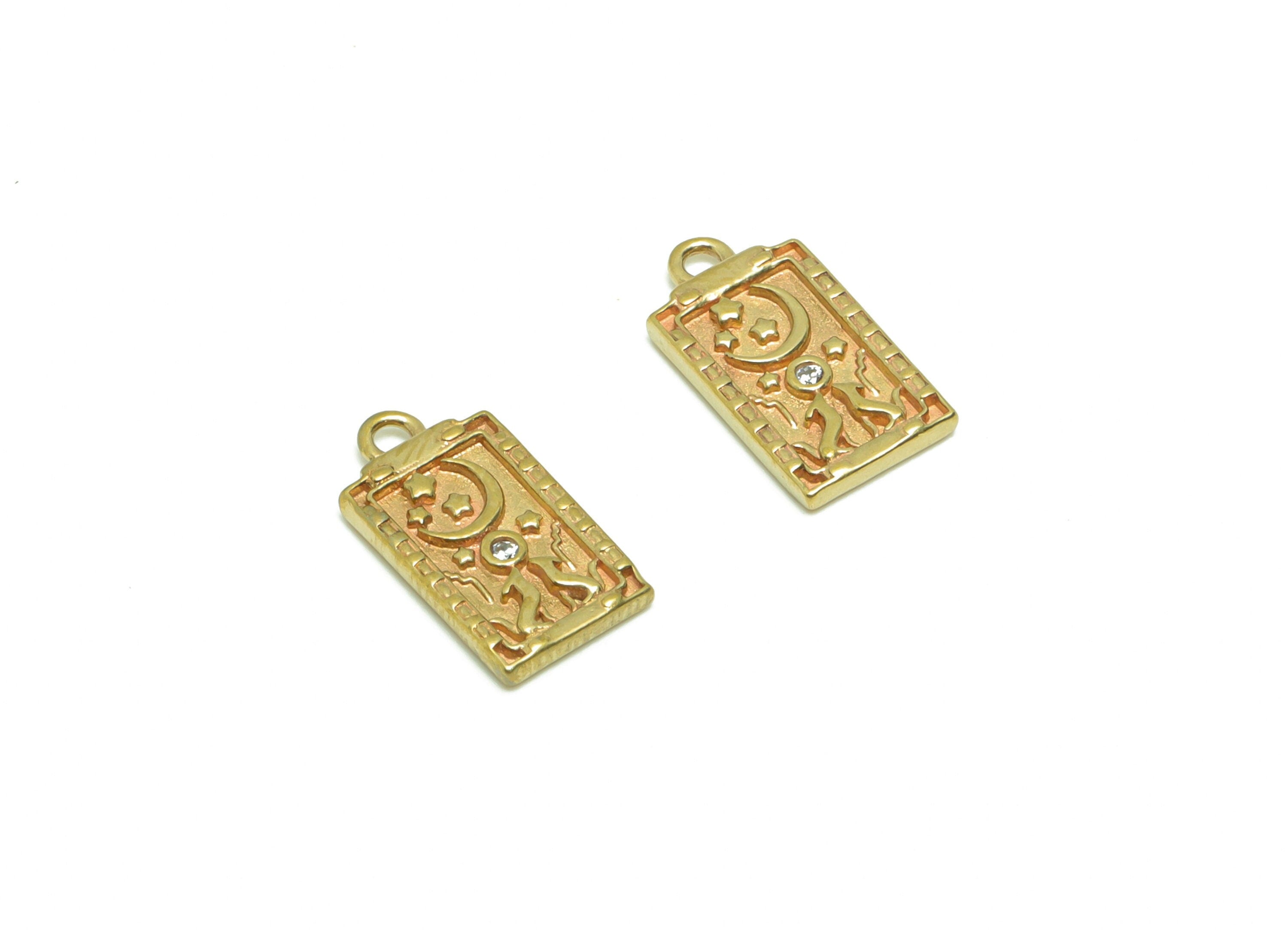 Brass Rectangle Earring Charm - Brass Zircon Antique Looking Charm - Astronaut Crescent Pendant - Vintage Looking Charm- 13x7x1mm - PP8695 - DOMEDBAZAAR