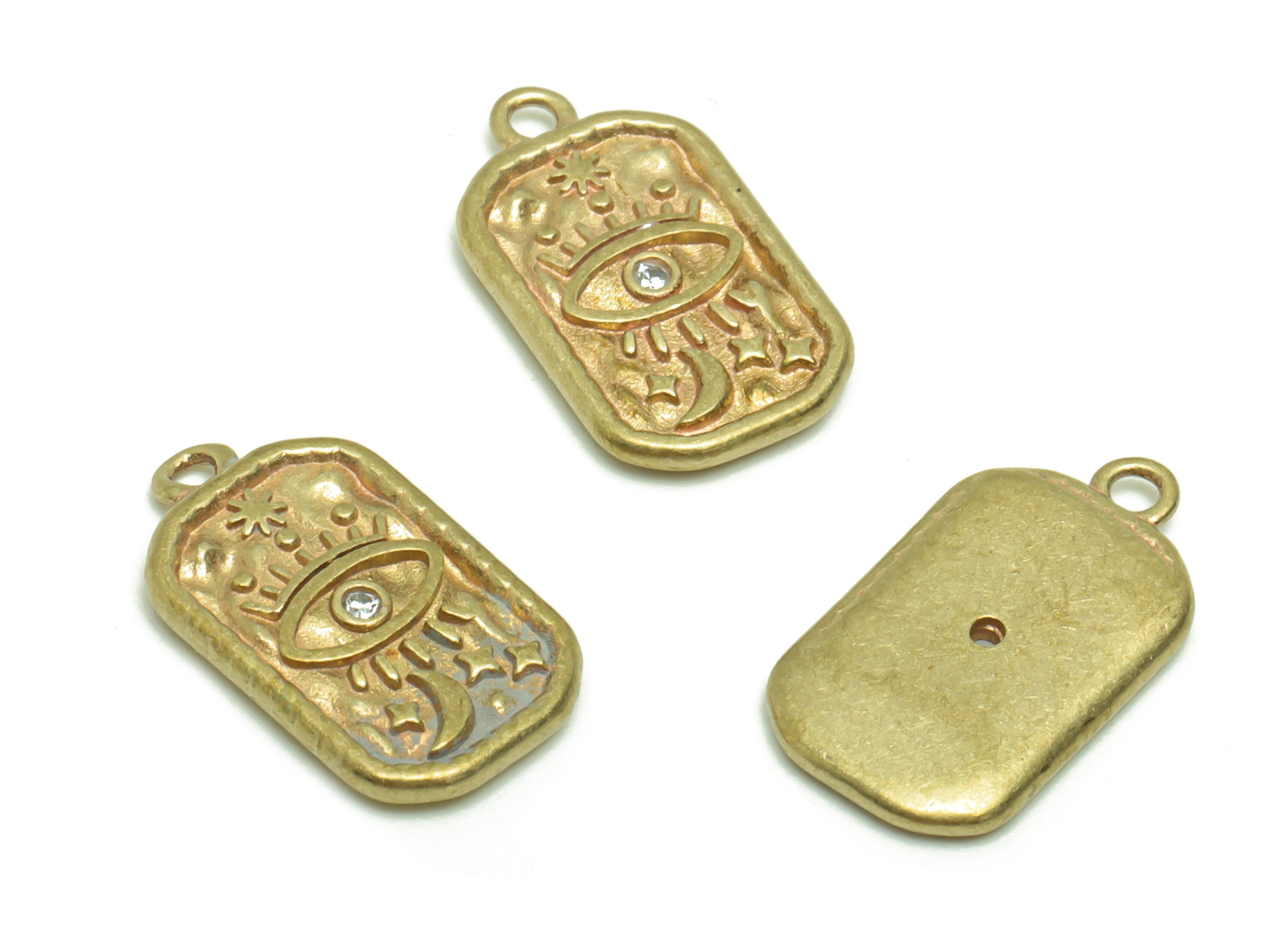 Brass Oval Rectangle Earring Charm - Brass Zircon Eye Vintage Antique Looking Charm - Brass Crescent Eyelash Pendant - 15x9x1mm - PP8683 - DOMEDBAZAAR