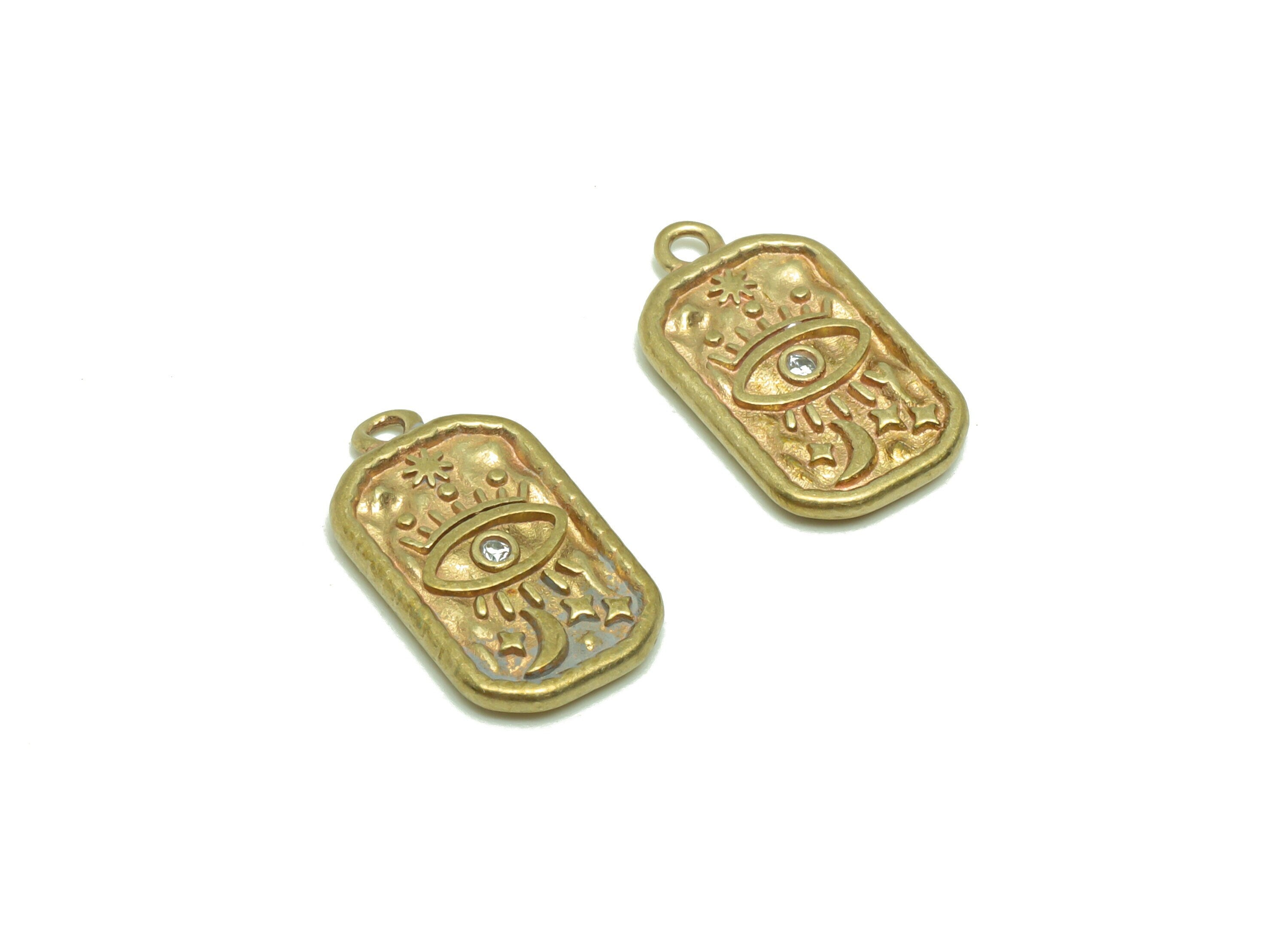 Brass Oval Rectangle Earring Charm - Brass Zircon Eye Vintage Antique Looking Charm - Brass Crescent Eyelash Pendant - 15x9x1mm - PP8683 - DOMEDBAZAAR