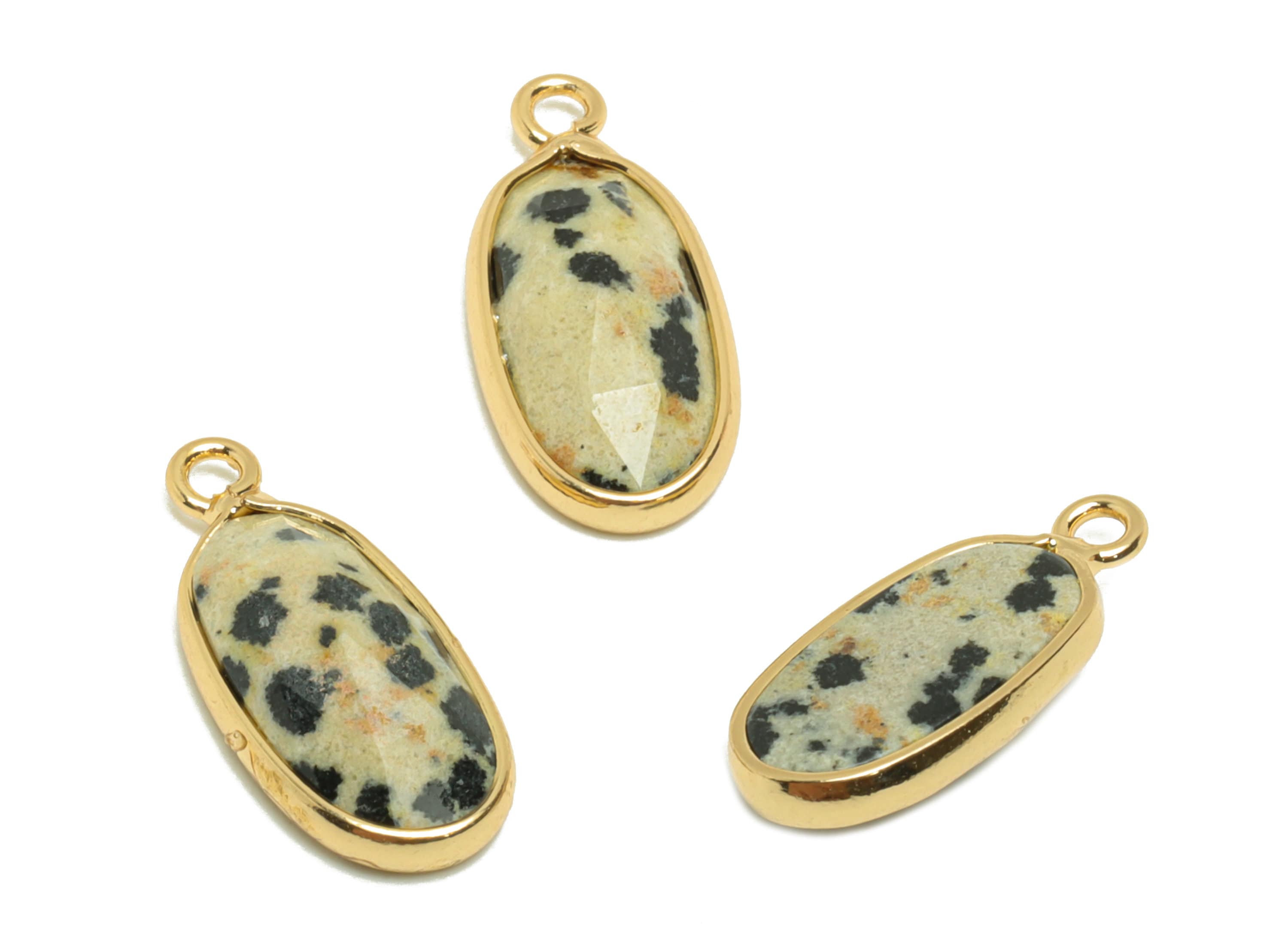 Brass Oval Stone Charm - Dalmatian stone Natural Stone Charms - Gold Tone Plated Brass - Jewelry Supplies - 17.93x8.25x4.25mm- NS1911 - DOMEDBAZAAR