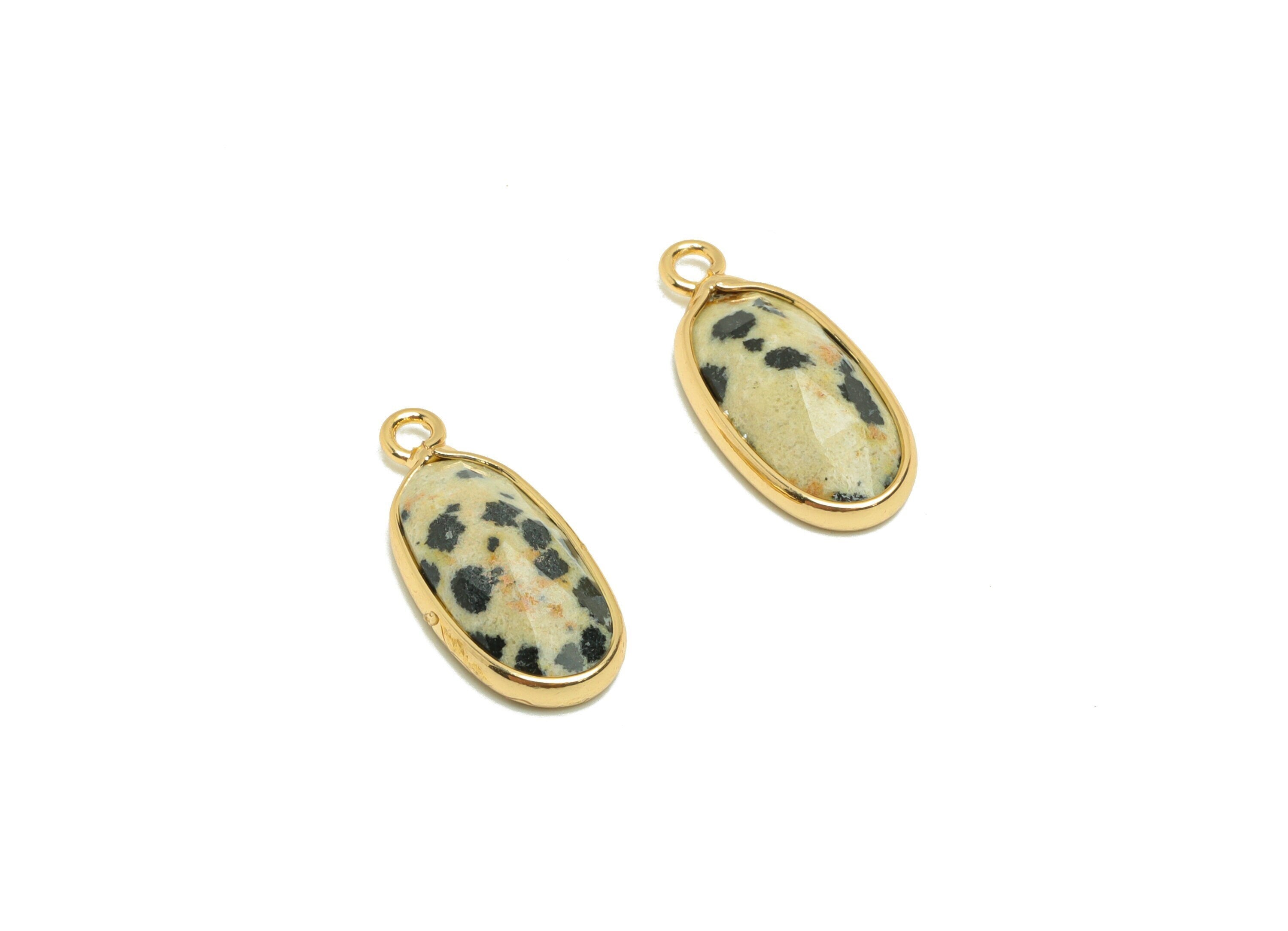 Brass Oval Stone Charm - Dalmatian stone Natural Stone Charms - Gold Tone Plated Brass - Jewelry Supplies - 17.93x8.25x4.25mm- NS1911 - DOMEDBAZAAR