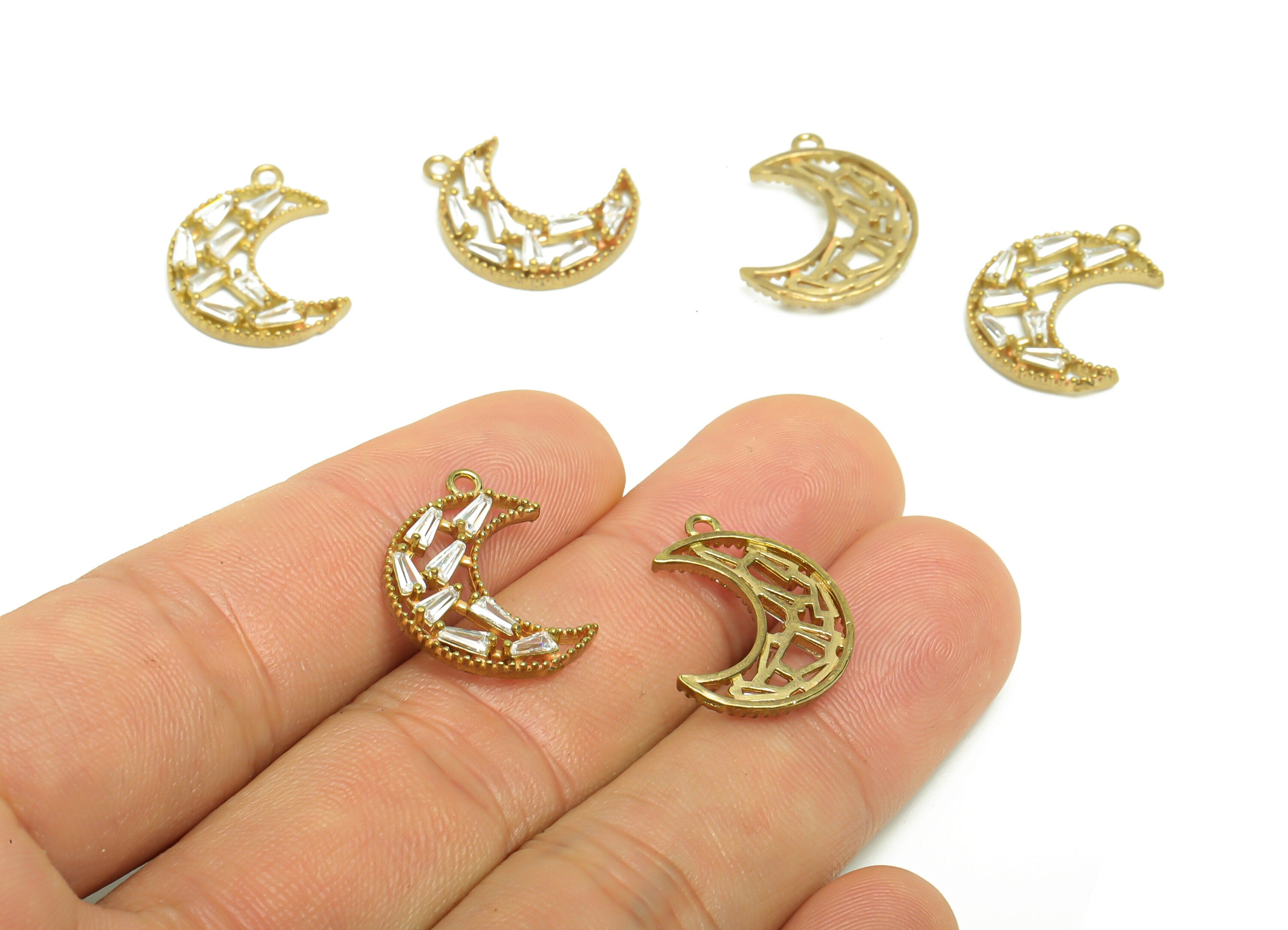 Brass Crescent Earring Charm - Raw Brass Moon Zircon Pendant - Brass Trapezoid Zircon Charm - jewelry supplies - 19.77x14.86x2.8mm- PP8950 - DOMEDBAZAAR