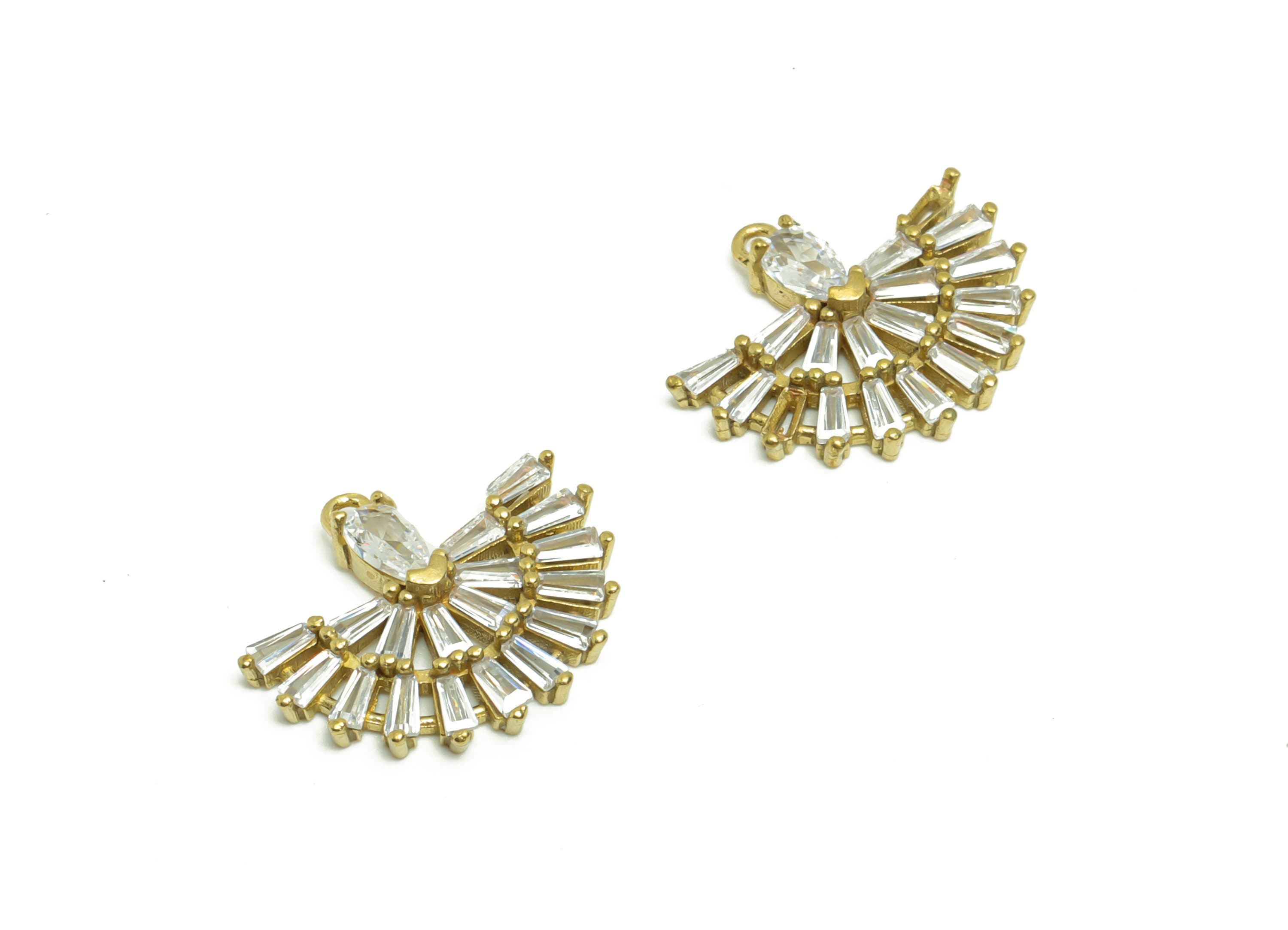 Brass Fan Earring Charm - Raw Brass Teardrop Zircon Pendant - Brass Peacock Trapezoid Zircon Charm - Jewelry Supplies - 17.73x15x3mm- PP8955 - DOMEDBAZAAR