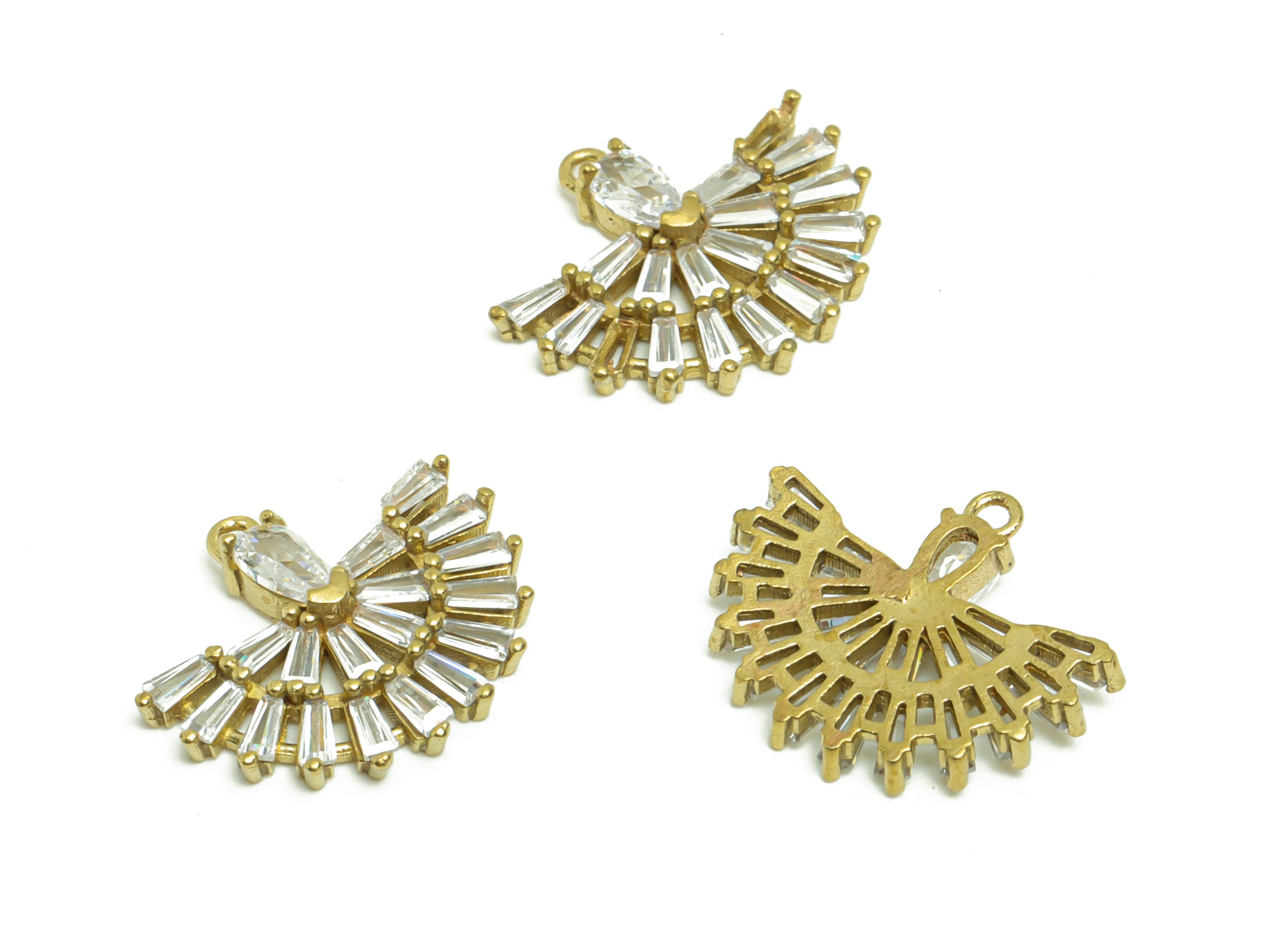 Brass Fan Earring Charm - Raw Brass Teardrop Zircon Pendant - Brass Peacock Trapezoid Zircon Charm - Jewelry Supplies - 17.73x15x3mm- PP8955 - DOMEDBAZAAR