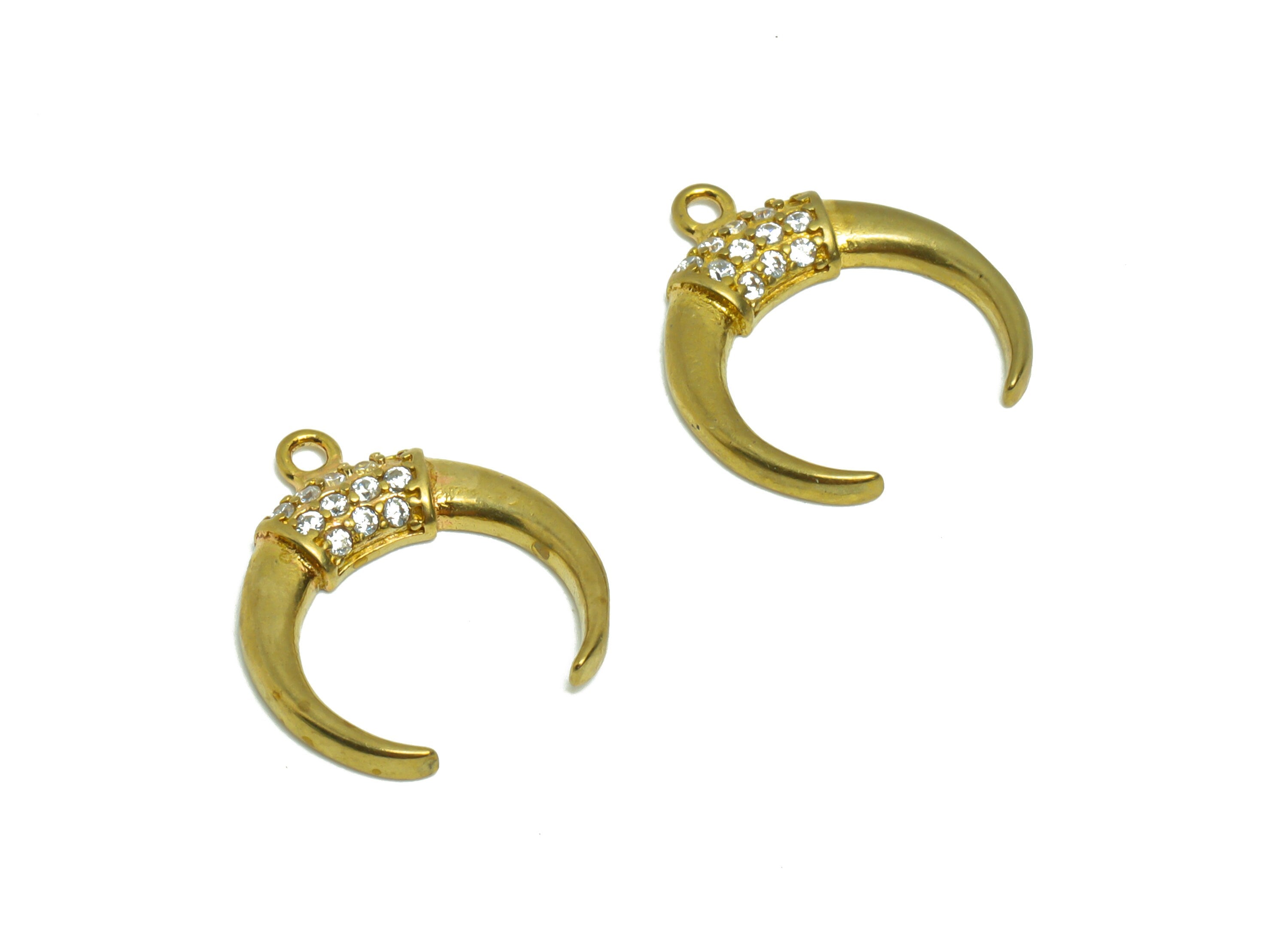 Brass Crescent Earring Charm - Raw Brass Moon Zircon Pendant - Brass Crescent Zircon Charm - Jewelry Supplies - 15.52x17.63x2.24mm- PP8954 - DOMEDBAZAAR
