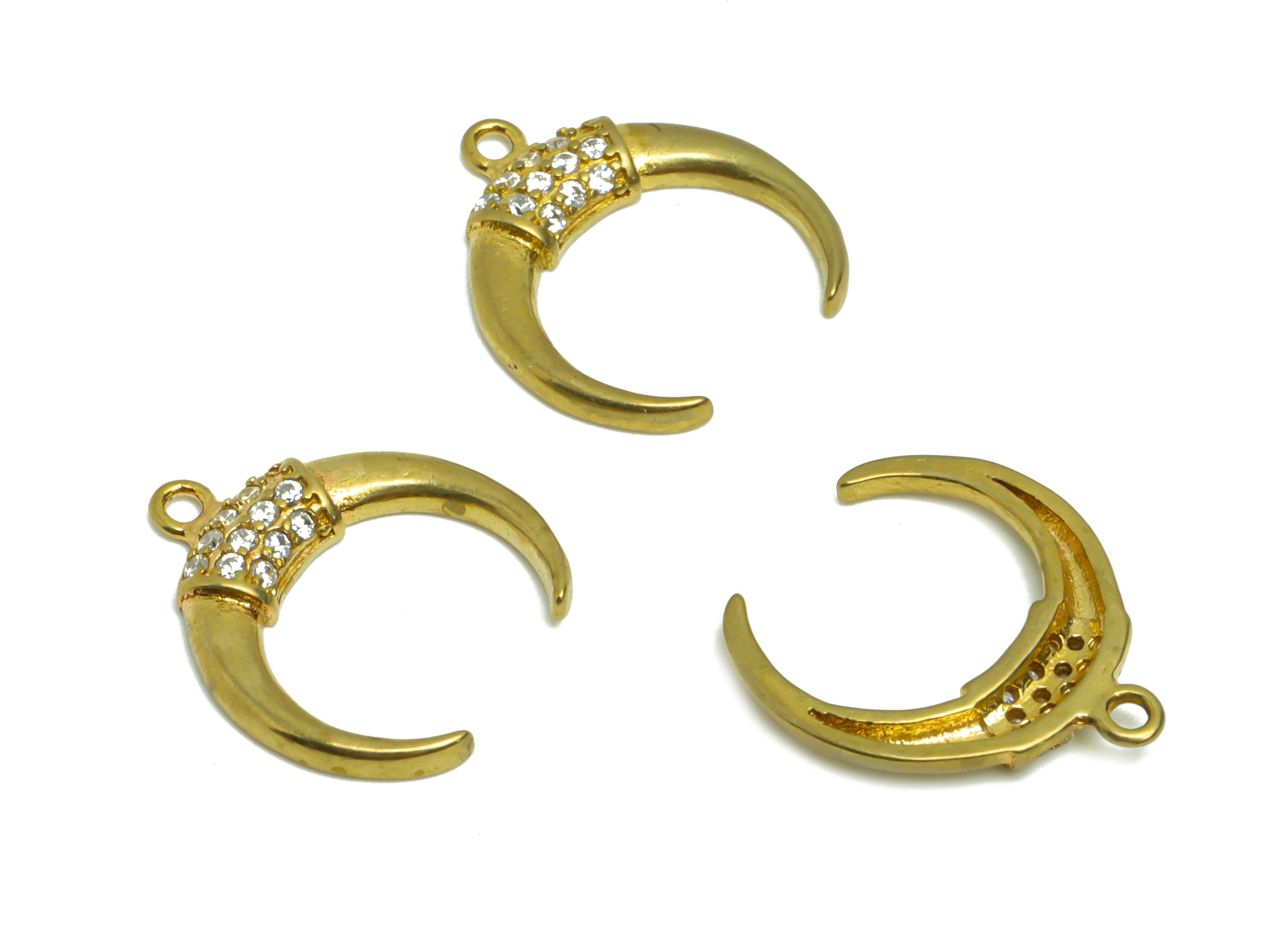 Brass Crescent Earring Charm - Raw Brass Moon Zircon Pendant - Brass Crescent Zircon Charm - Jewelry Supplies - 15.52x17.63x2.24mm- PP8954 - DOMEDBAZAAR