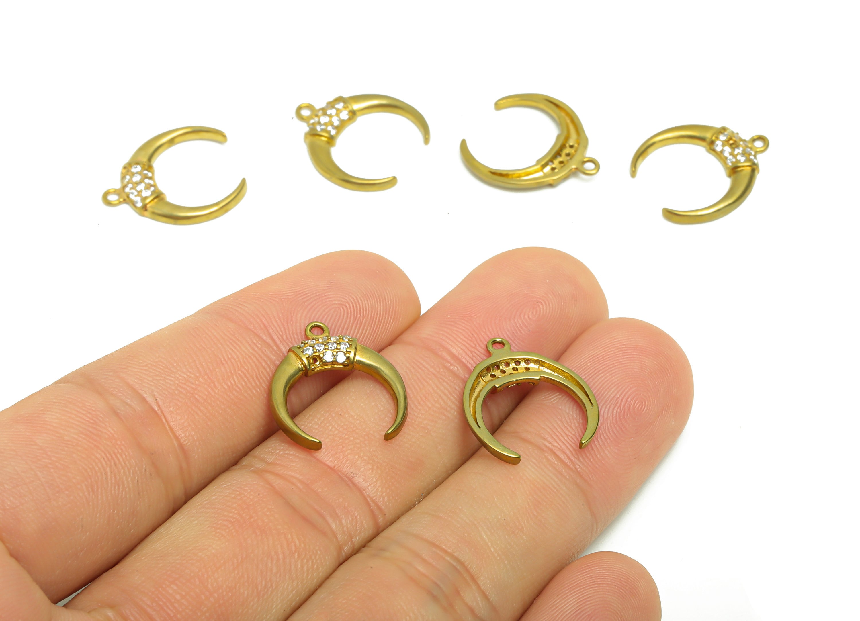 Brass Crescent Earring Charm - Raw Brass Moon Zircon Pendant - Brass Crescent Zircon Charm - Jewelry Supplies - 15.52x17.63x2.24mm- PP8954 - DOMEDBAZAAR