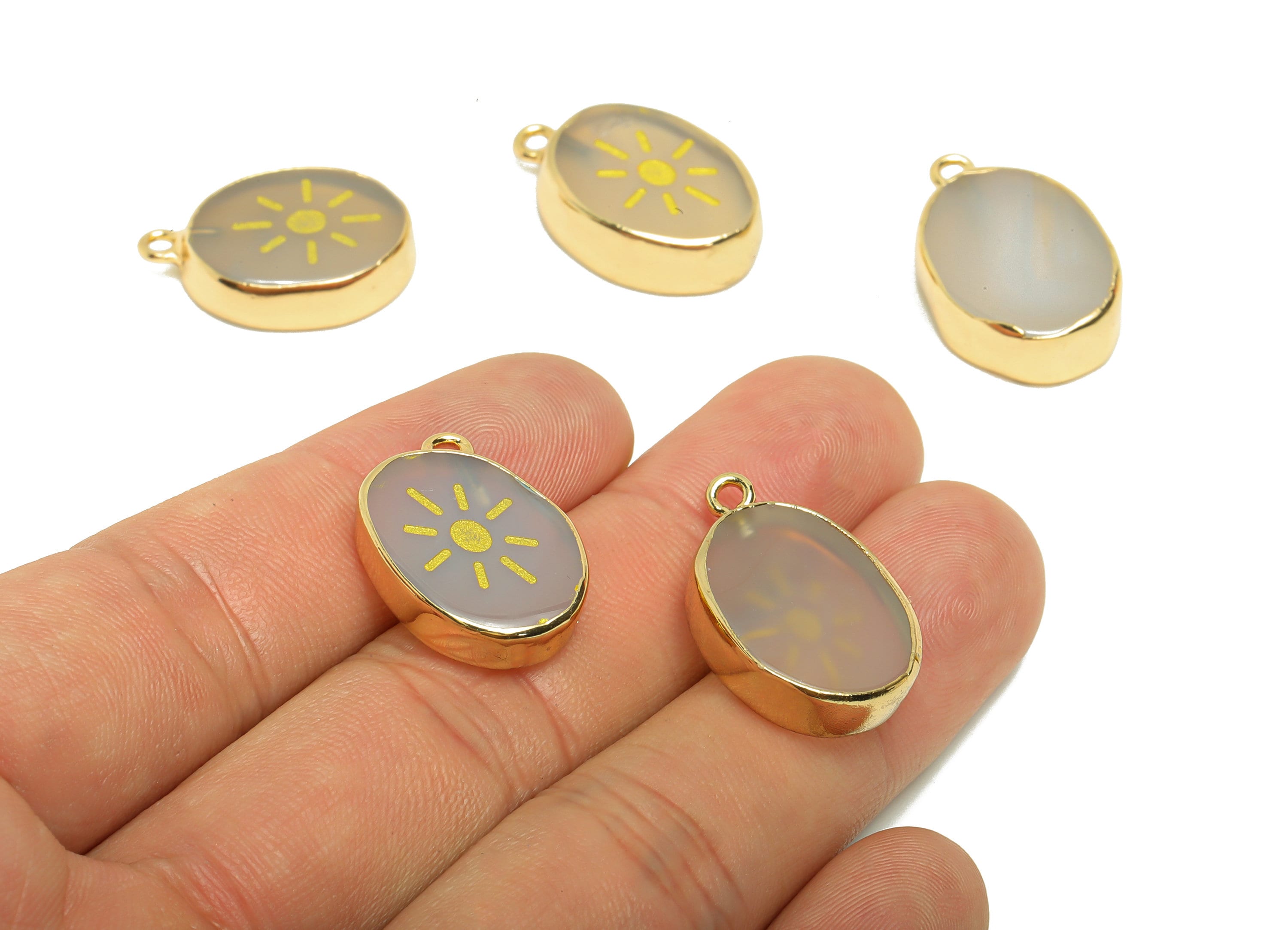 Gray Agate Bald Sign Charm - Sun Gray Agate stone - Sunshine Natural Stone Charms - Gold Tone Plated - Jewelry Supplies - 23x14x4mm- NS1915 - DOMEDBAZAAR