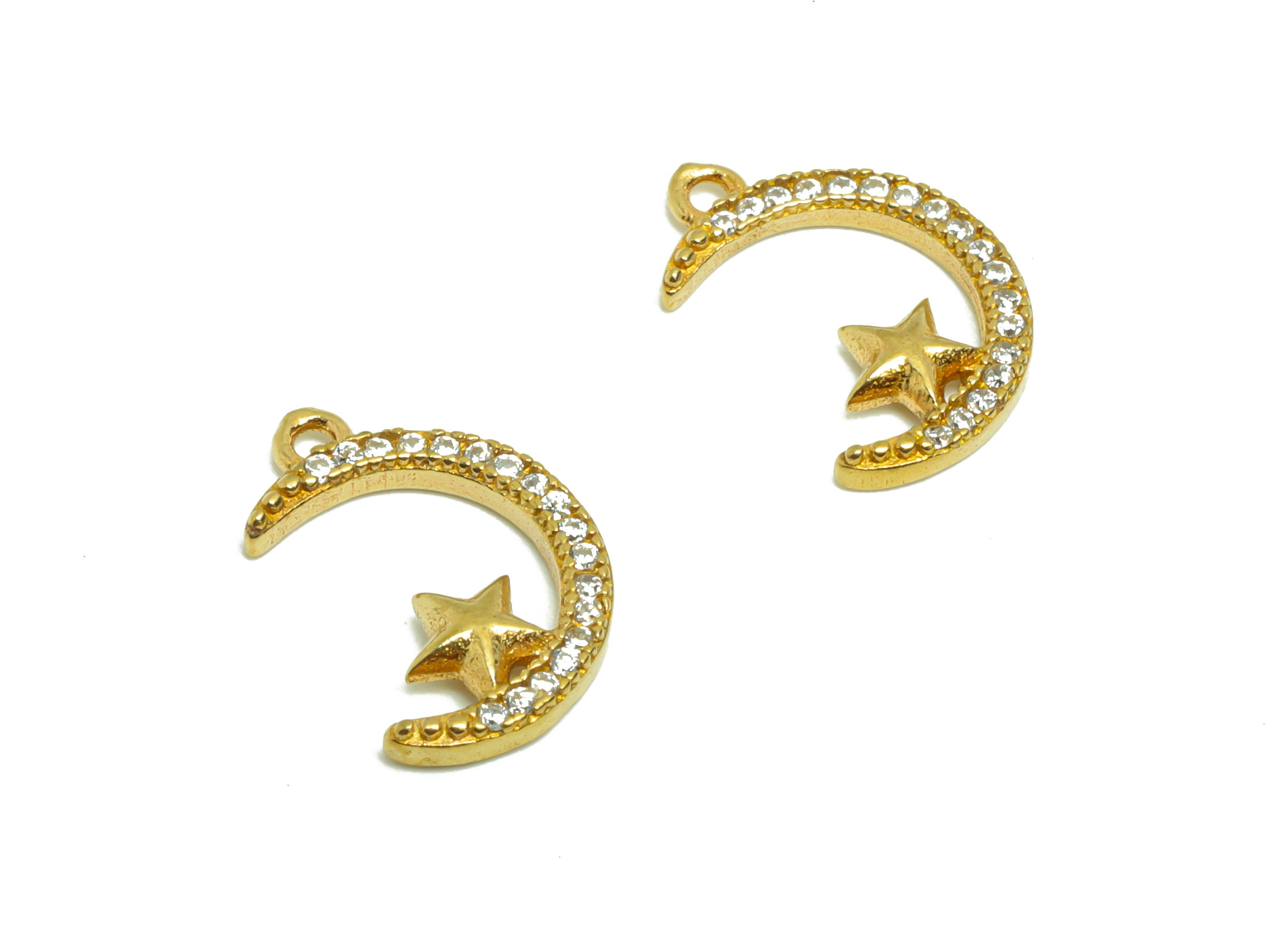 Brass Crescent Earring Charm - Raw Brass Moon Pendant - Brass Star Cubic Zircon Charm - Jewelry Supplies - 14.15x9.8x1.56mm- PP8952 - DOMEDBAZAAR