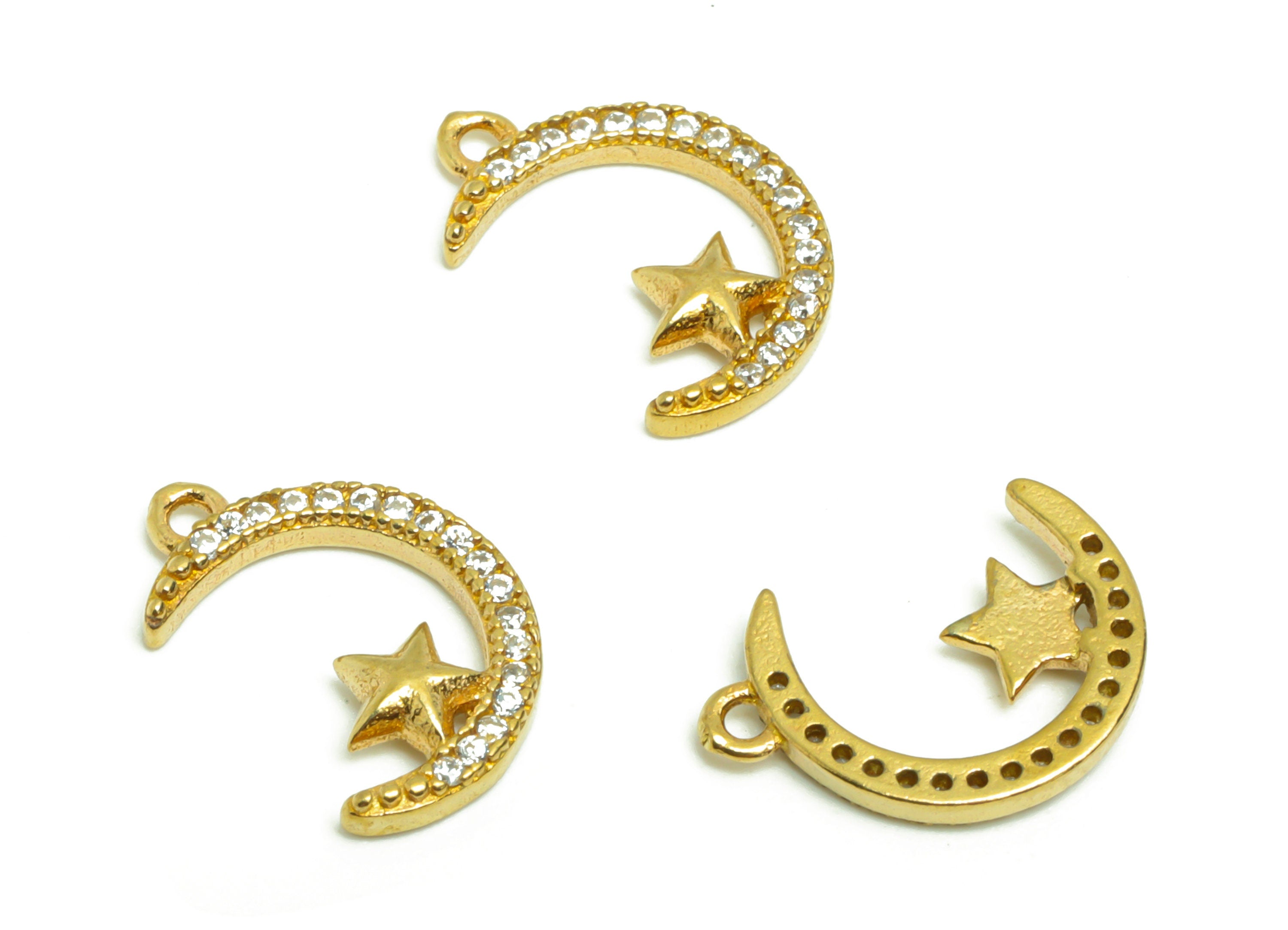 Brass Crescent Earring Charm - Raw Brass Moon Pendant - Brass Star Cubic Zircon Charm - Jewelry Supplies - 14.15x9.8x1.56mm- PP8952 - DOMEDBAZAAR