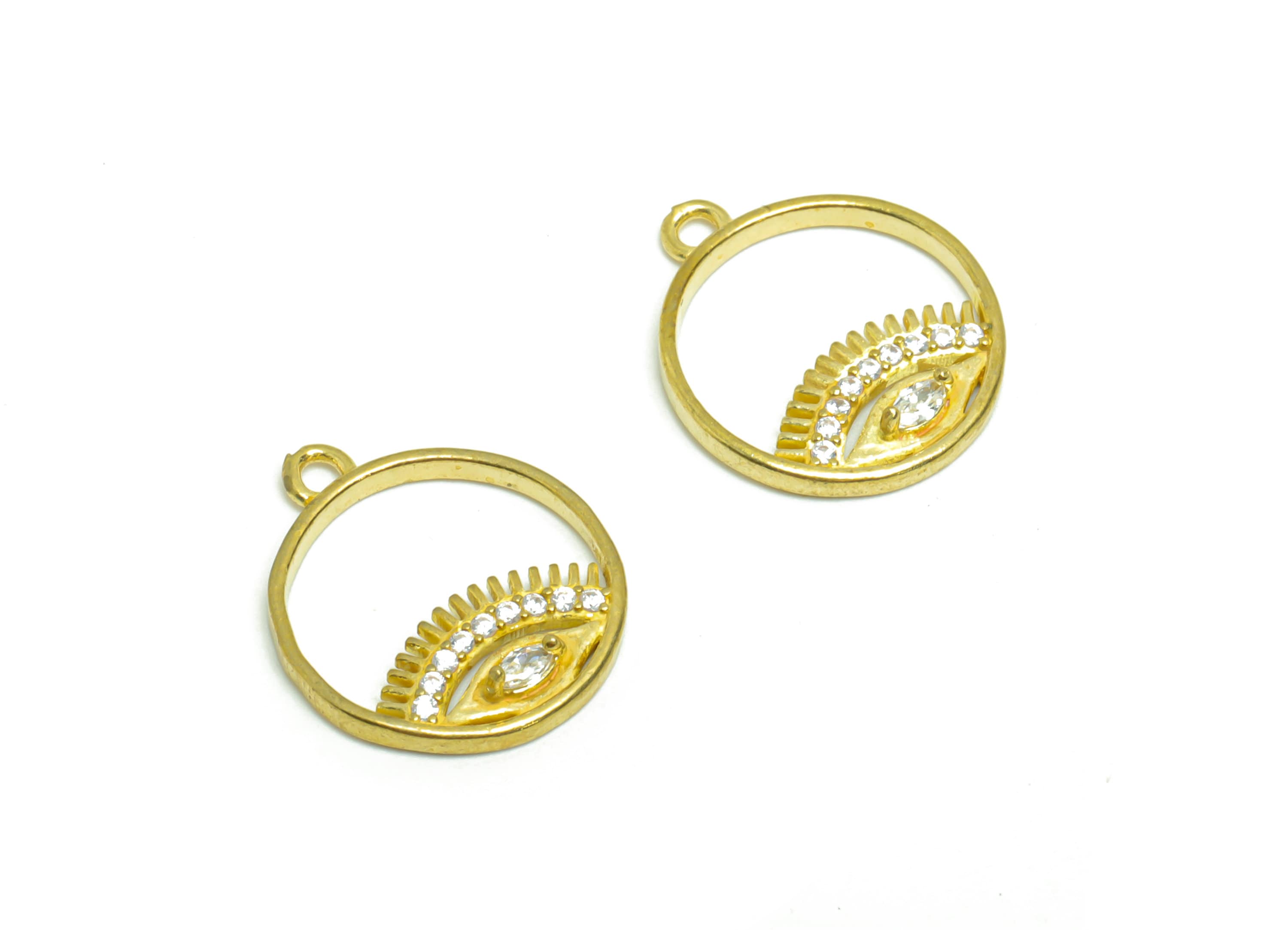 Brass Round Earring Charm - Raw Brass Eyelash Pendant - Brass Circle Eye Cubic Zircon Charm - Jewelry Supplies - 16.13x13.94x2.55mm- PP8958 - DOMEDBAZAAR