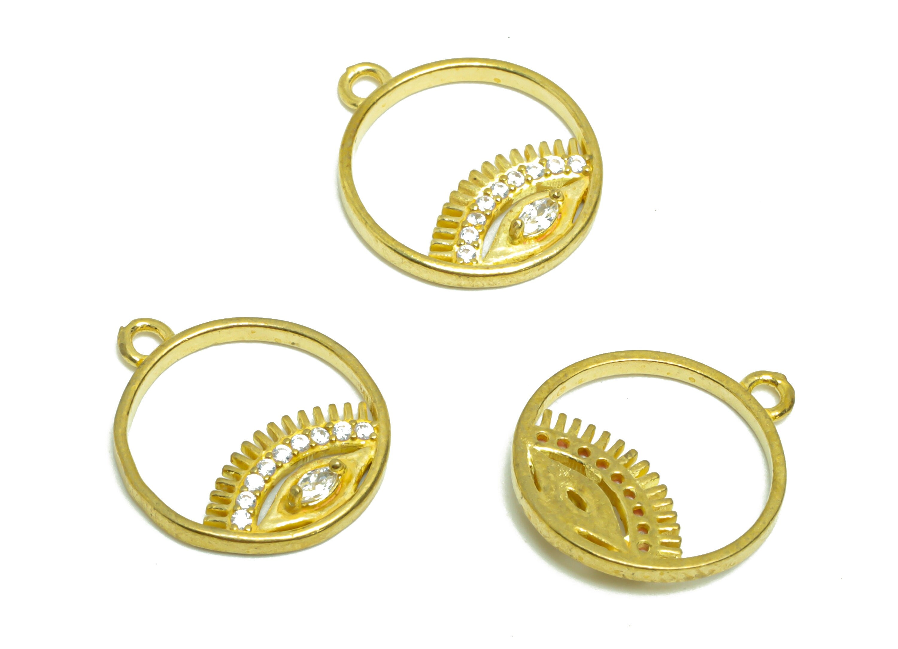 Brass Round Earring Charm - Raw Brass Eyelash Pendant - Brass Circle Eye Cubic Zircon Charm - Jewelry Supplies - 16.13x13.94x2.55mm- PP8958 - DOMEDBAZAAR