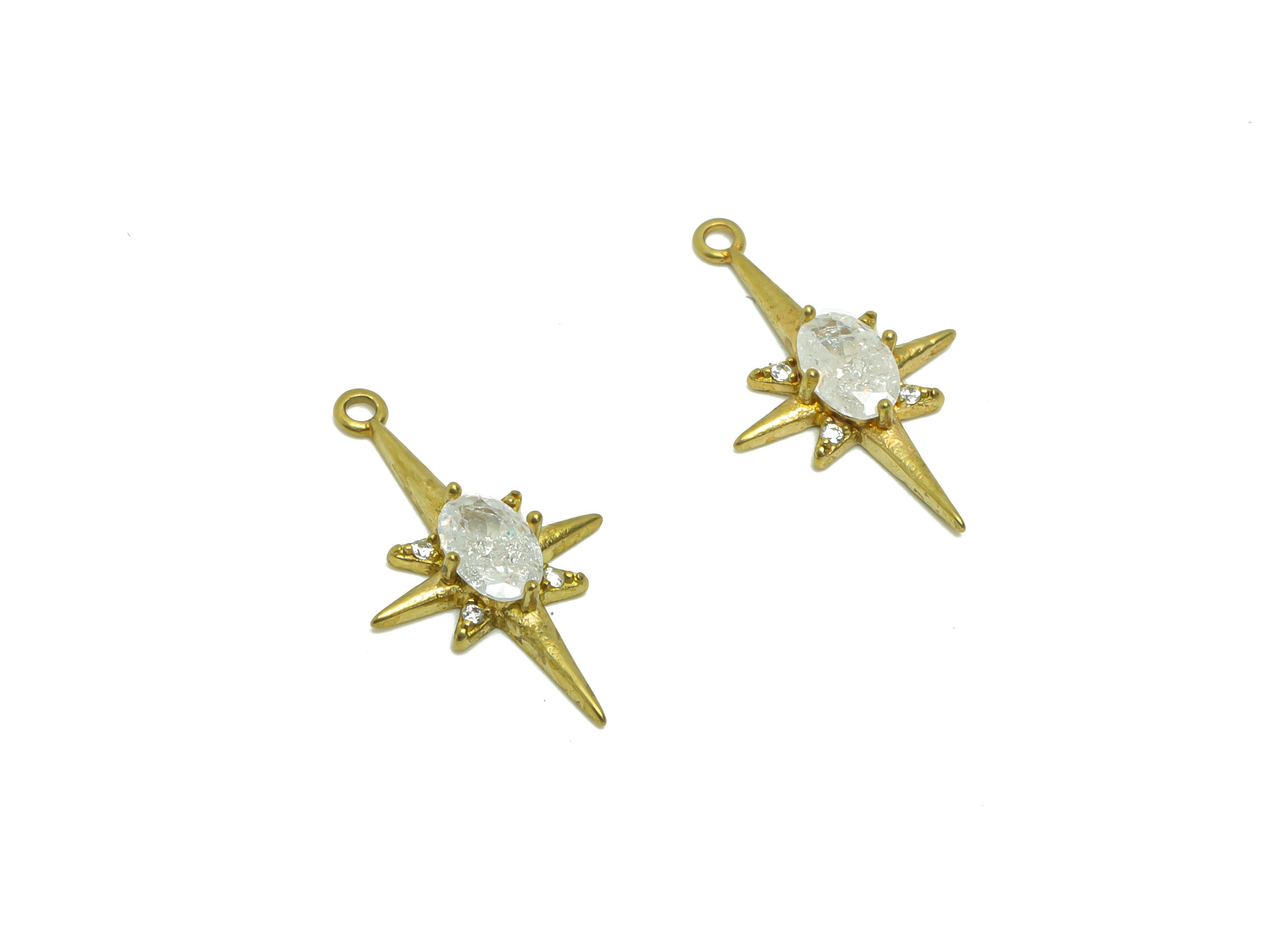 Brass Star Earring Charm - Raw Brass North Star Pendant - Cubic Zircon Oval Star Earring Charm - Oval Zircon Charm - 21.15x12x3.4mm - PP8805 - DOMEDBAZAAR