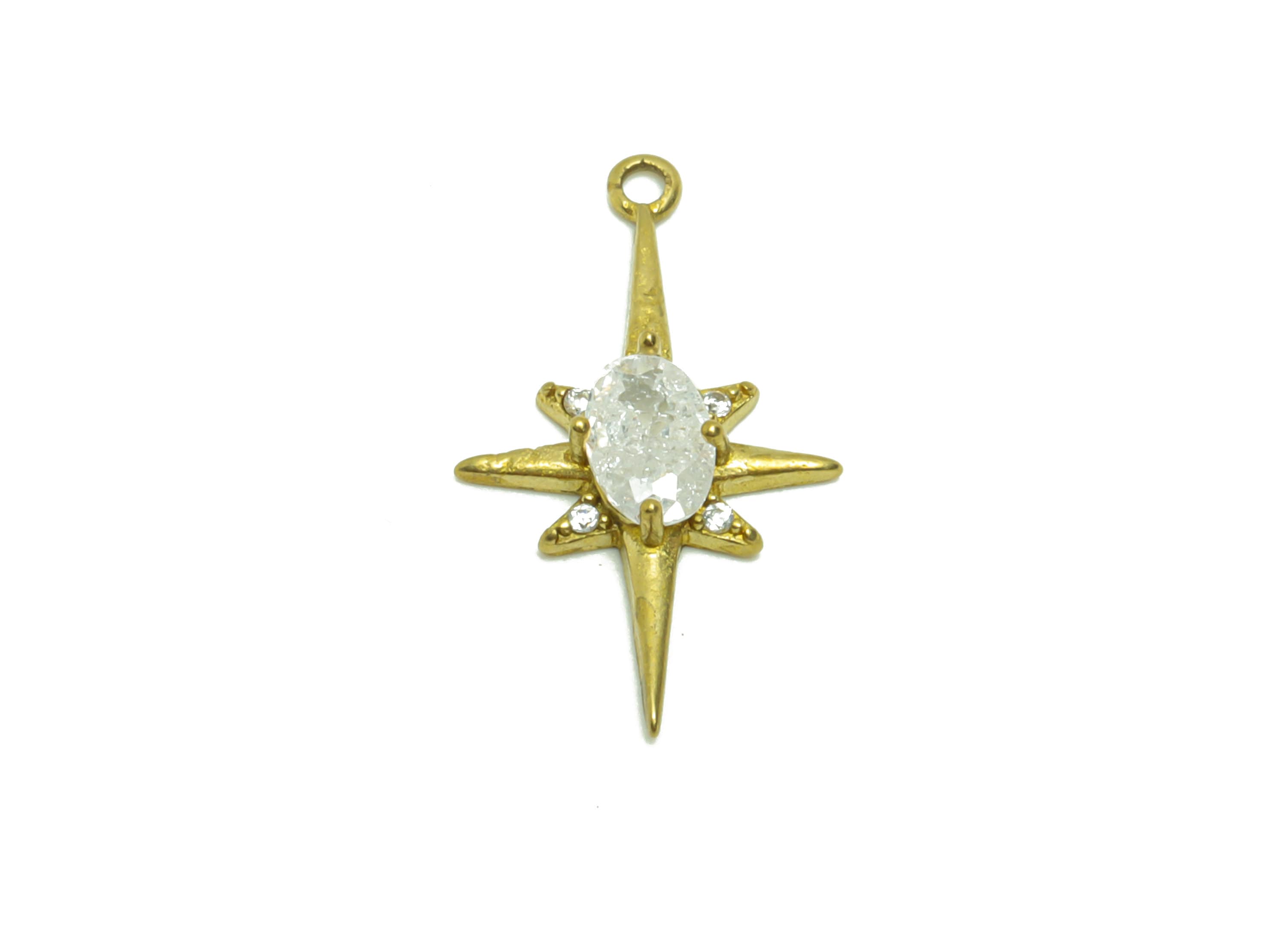Brass Star Earring Charm - Raw Brass North Star Pendant - Cubic Zircon Oval Star Earring Charm - Oval Zircon Charm - 21.15x12x3.4mm - PP8805 - DOMEDBAZAAR