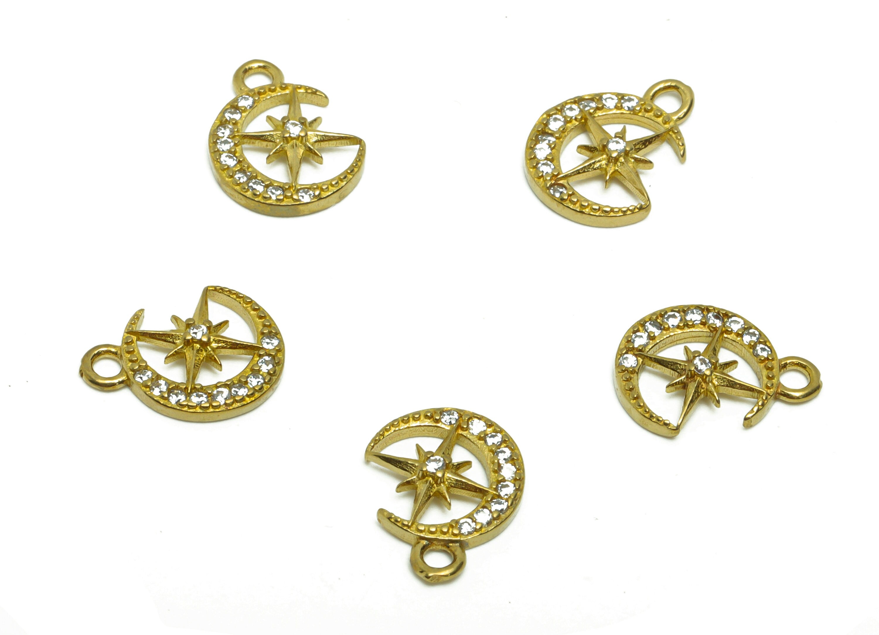 Brass Crescent Earring Charm - Raw Brass Star Pendant - Cubic Zircon North Star Earring Charm - Cubic Moon Charm - 12.08x9.02x2mm - PP8819 - DOMEDBAZAAR